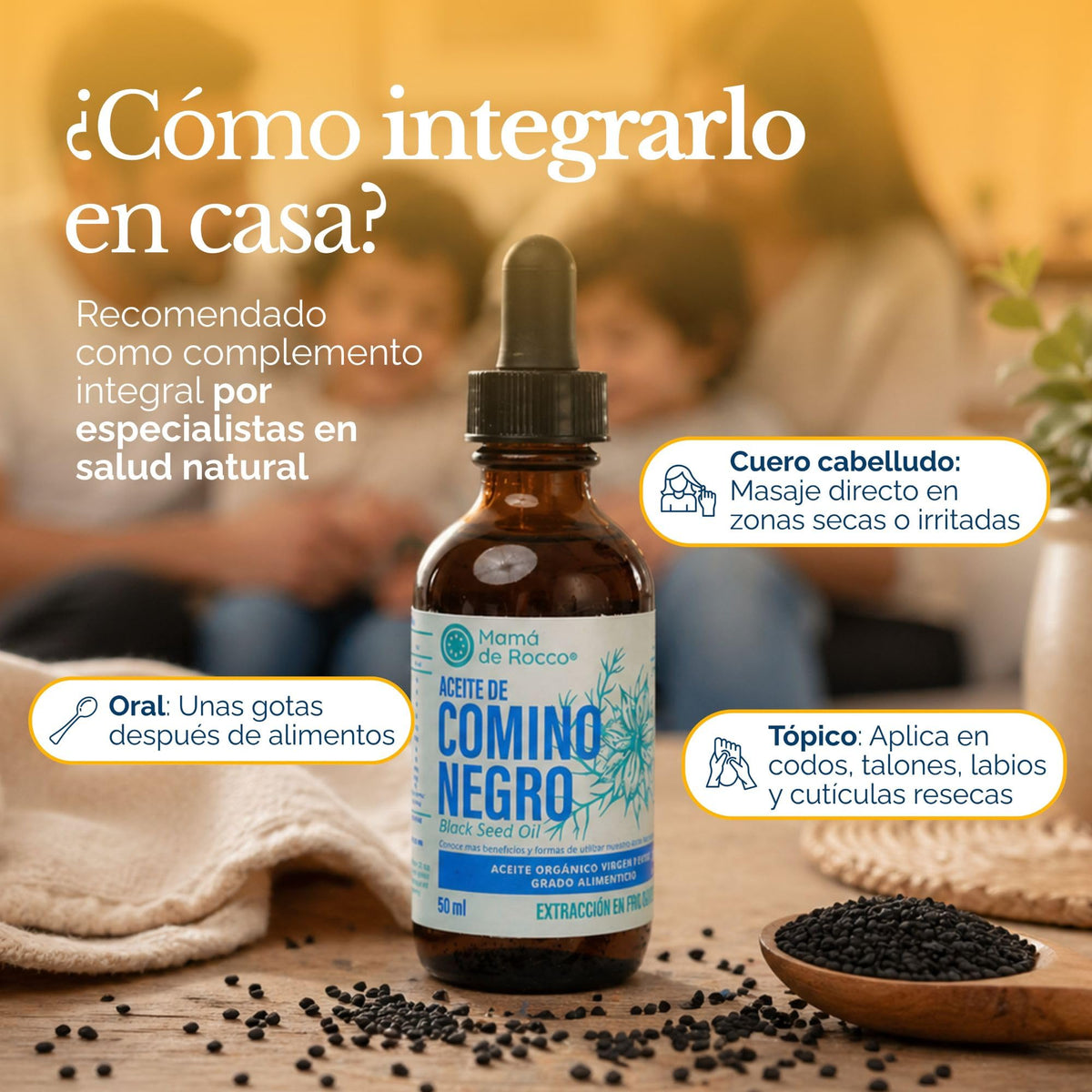 Mamá de Rocco | Aceite de Comino Negro Orgánico Prensado en Frío | Nigella Sativa Grado Alimenticio | Uso Tópico y Oral