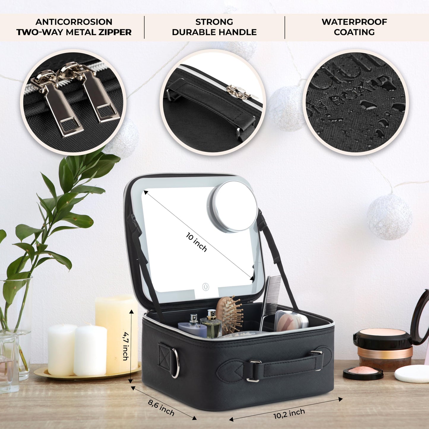 BeautyOnBoard - Bolsa de maquillaje con espejo LED, funda de maquillaje de piel sintética, 3 niveles de brillo ajustables, estuche cosmético iluminado con espejo, divisores, organizador de viaje
