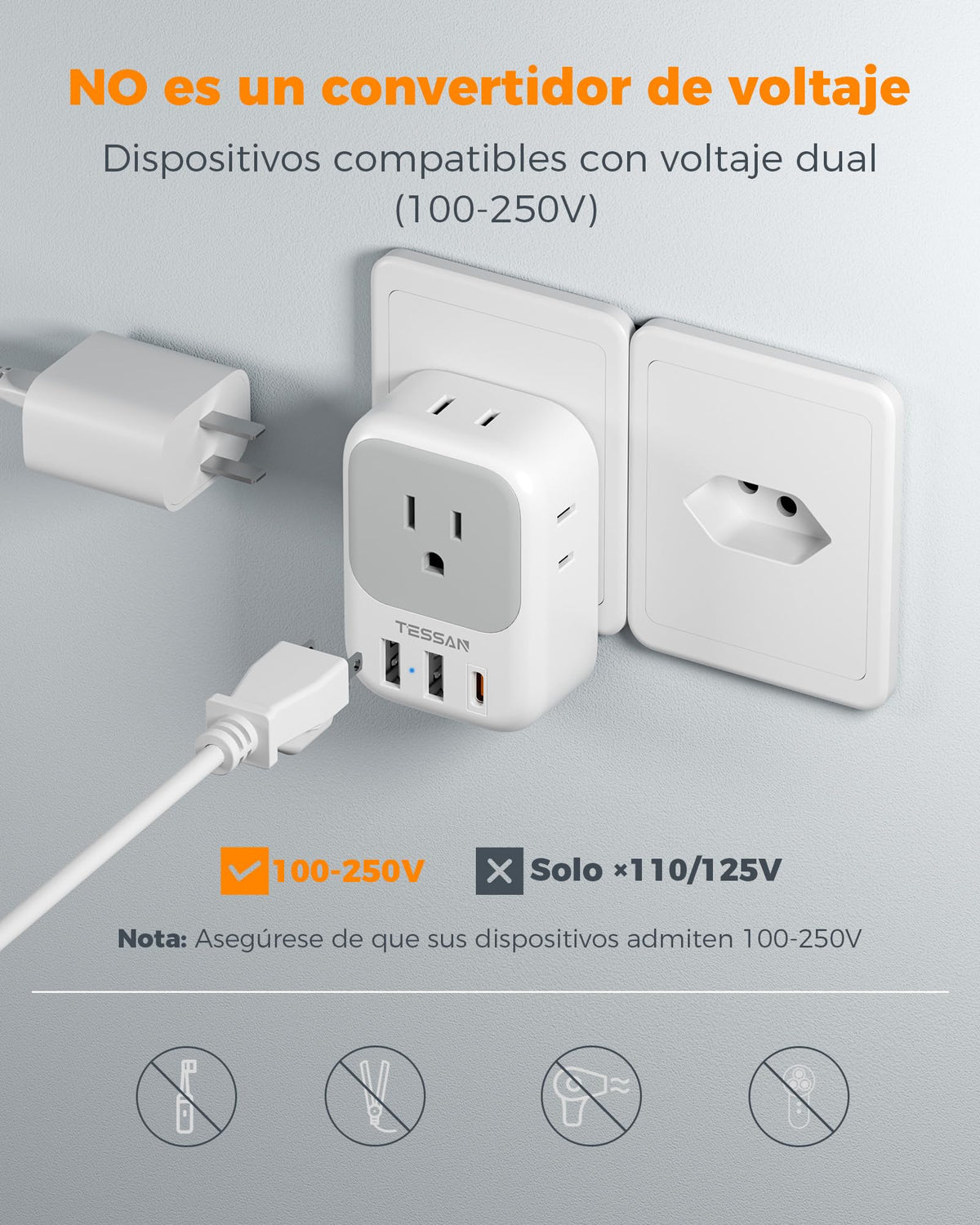 Adaptador de Viaje TESSAN Suiza con Enchufe Suizo 4 CA 3 USB