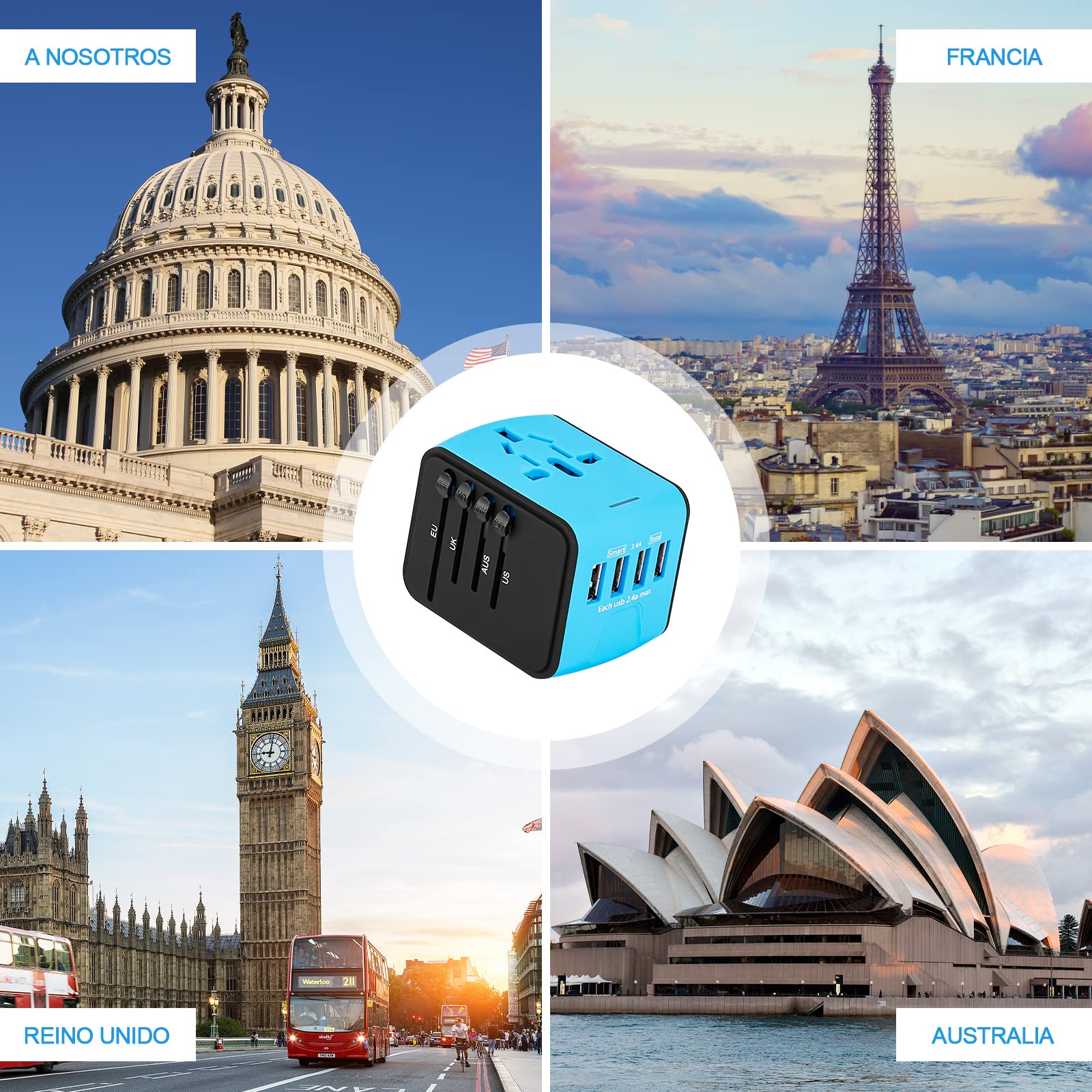 Adaptador de Viaje Universal YOMYM Blanco Seguridad Integrada Con 4 USB