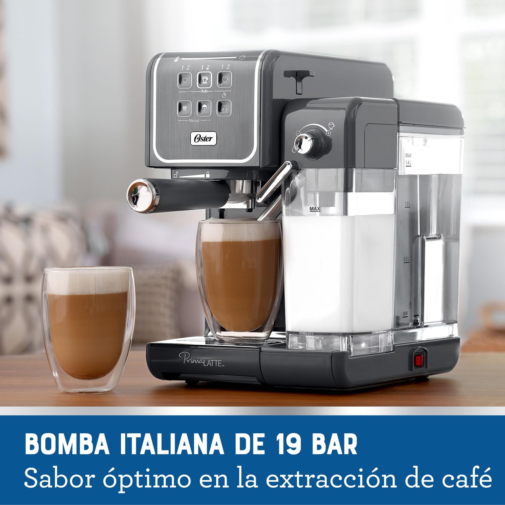Cafetera Oster Gris con Panel Táctil y Funciones Automáticas para Espresso, Cappuccino y Latte
