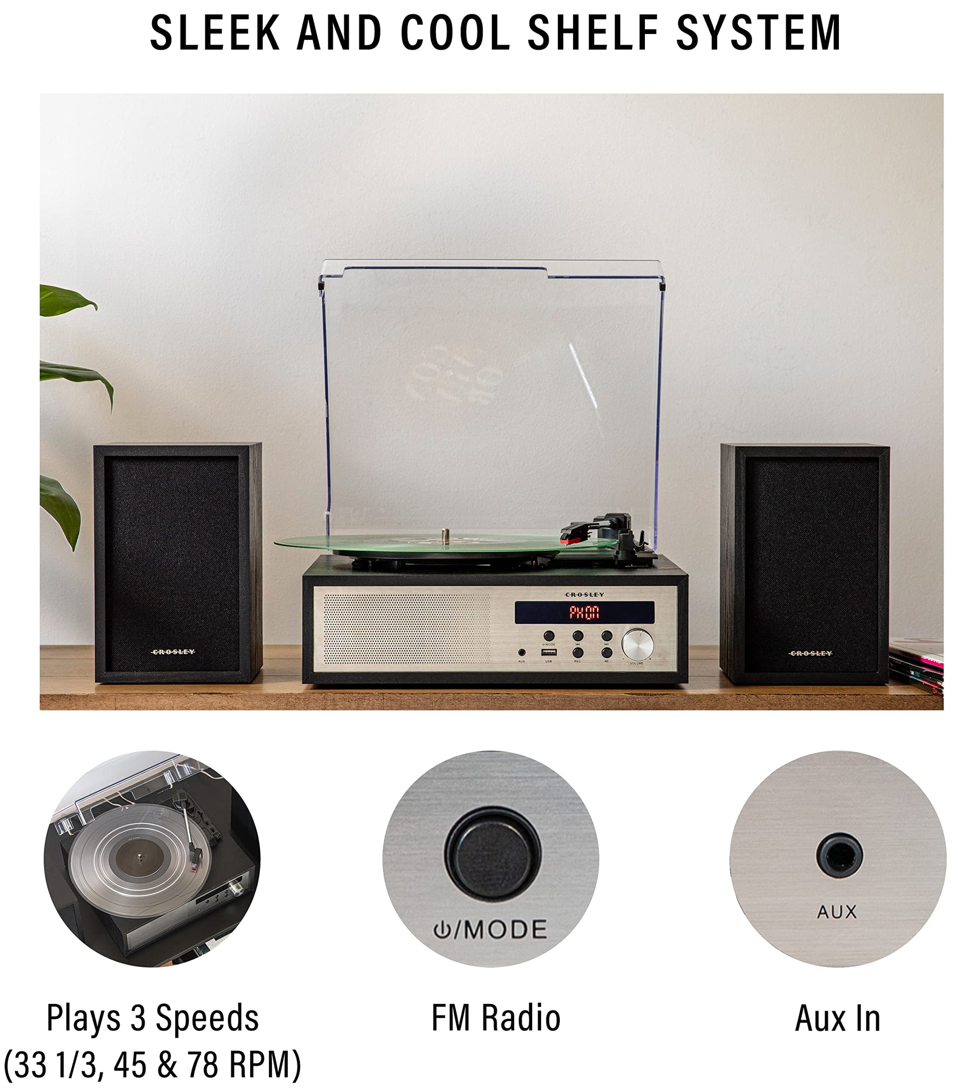 Crosley CR7022A-BK Sloane - Tocadiscos Bluetooth de 3 velocidades y Sistema de Estante de Radio FM con Altavoces estéreo a Juego, Color Negro