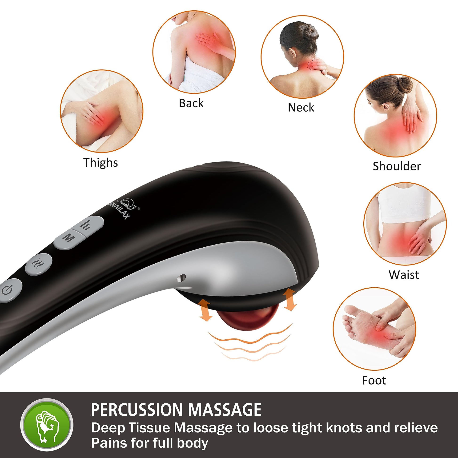 Snailax Masajeador de espalda inalámbrico de mano – Masaje de percusión recargable con calor, masajeador de tejido profundo para cuello, hombro, cintura, pierna y pies, masajeador portátil para cuerpo completo