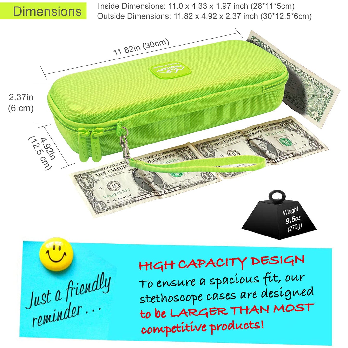 Estuche para Estetoscopio PROHAPI Verde Neón con Ranura para ID Compatible con 3M Littmann/ADC/Omron/MDF