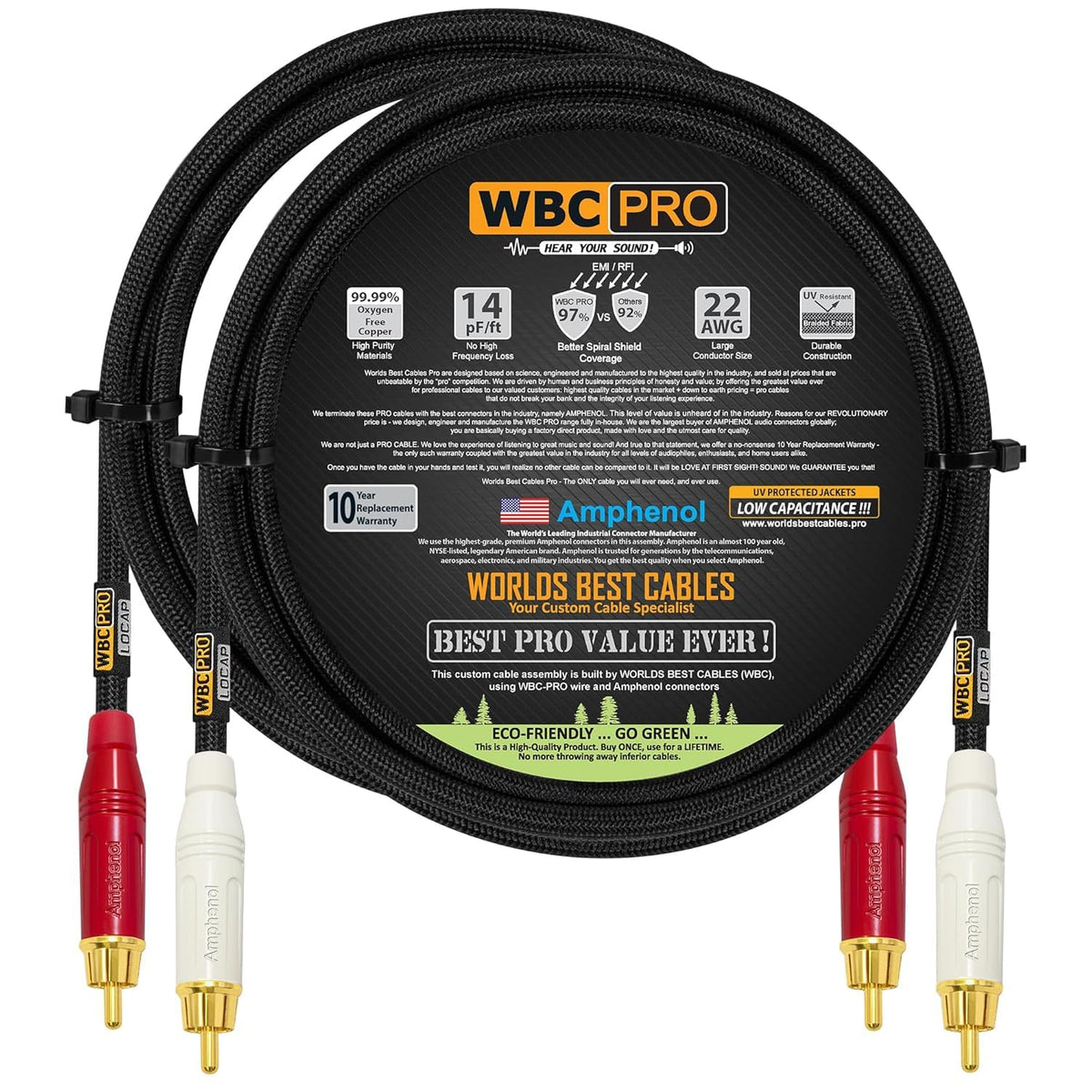 Cables RCA WBC-PRO-LOCAP 6 Pies Negro de Baja Capacidad con Conectores Amphenol para Audiófilos