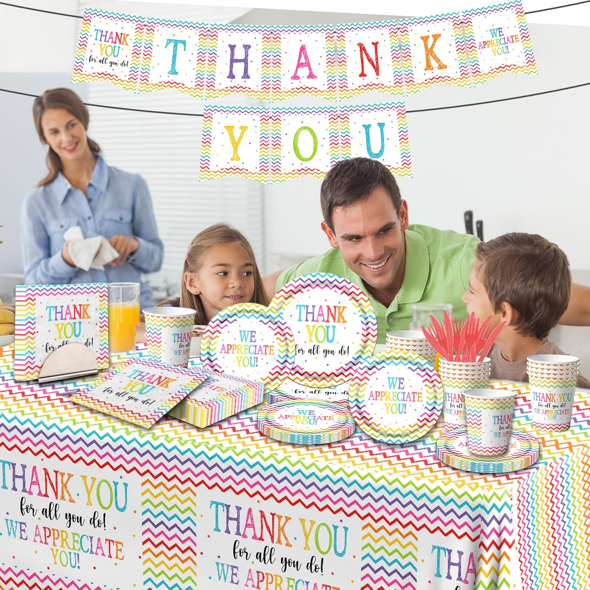 Juego de Platos y Servilletas de Decoración de Fiesta Agradecimiento con Tazas Desechables, Tenedores y Mantel para Empleados, Maestros, Médicos, Padres