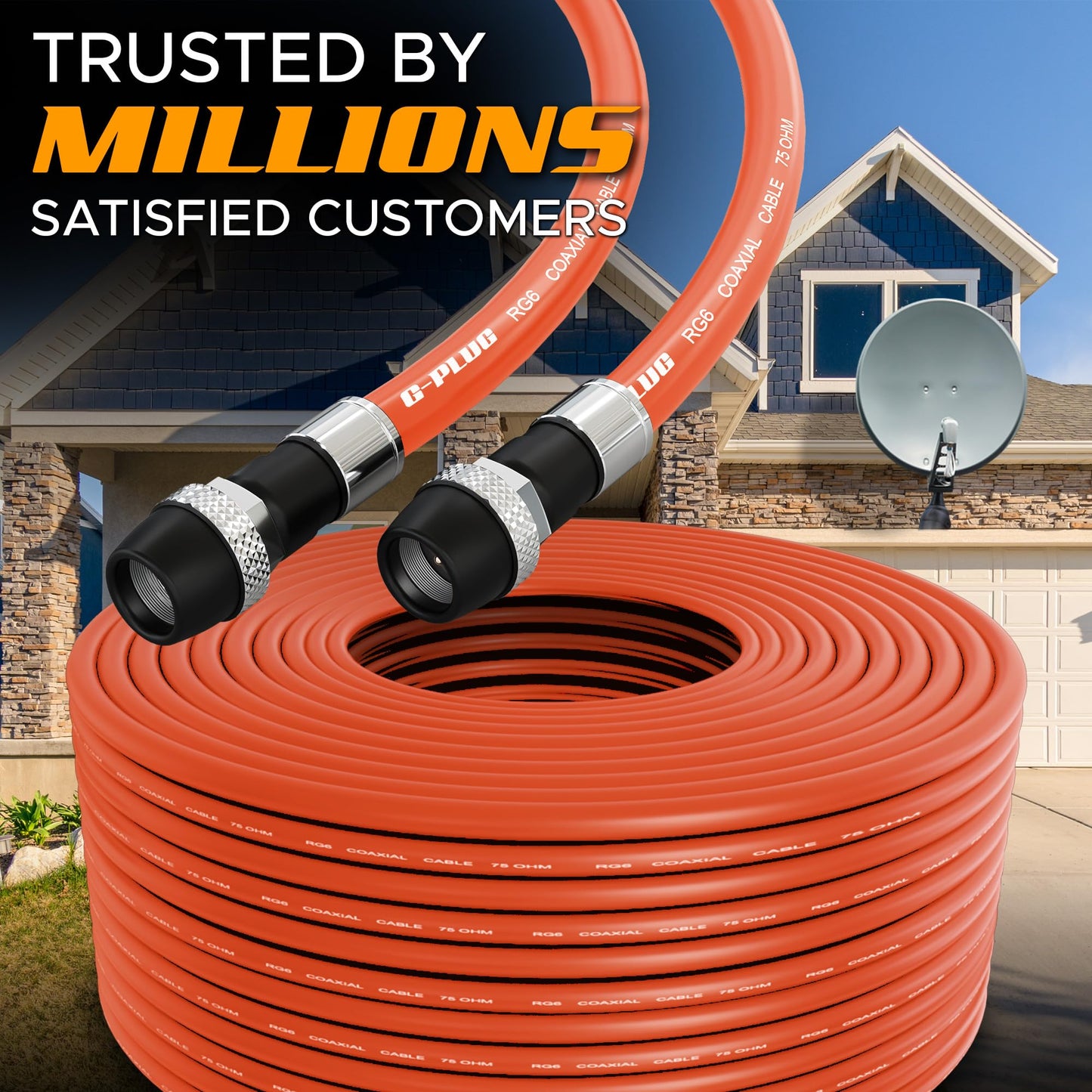 G-PLUG Cable Coaxial RG6 75 Ohm, Triple Blindaje, Impermeable, Conectores F Tipo Macho a Macho, Cable Antena TV, Satelital e Internet Banda Ancha, Incluye Acoplador F81, Naranja