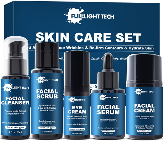 FULLLIGHT TECH- Regalos para hombres, kit de cuidado de la piel antienvejecimiento para hombres, reduce las arrugas e hidrata la piel con limpiador facial, exfoliante, crema