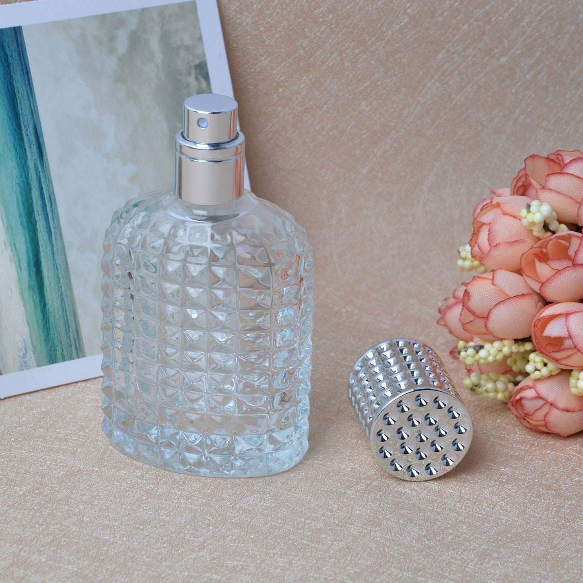 Enslz Perfume Fragancia Colonia Atomizador Vacía Botella de Vidrio Recargable Fina Spray Plata 50ml