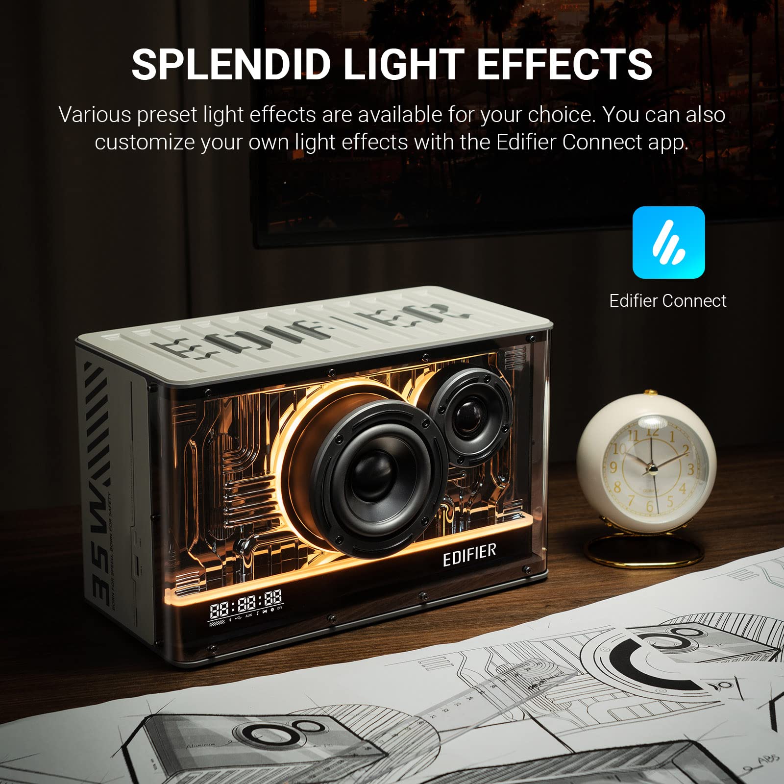 Edifier QD35 - Altavoz Bluetooth de Mesa, Audio de Alta resolución y Audio de Alta resolución inalámbrico Certificado para computadora, Carga ultrarrápida GAN de 35 W, Efectos de luz espléndidos