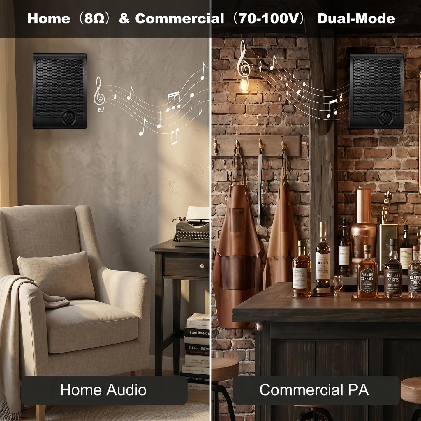 STUDIOFINIX - Altavoces PA montados en la pared de 6 pulgadas, potencia máxima de 240 W, 8 ohmios y 70 V/100 V, modo dual, para cine en casa, comercial, oficina, sistema PA (negro, par)