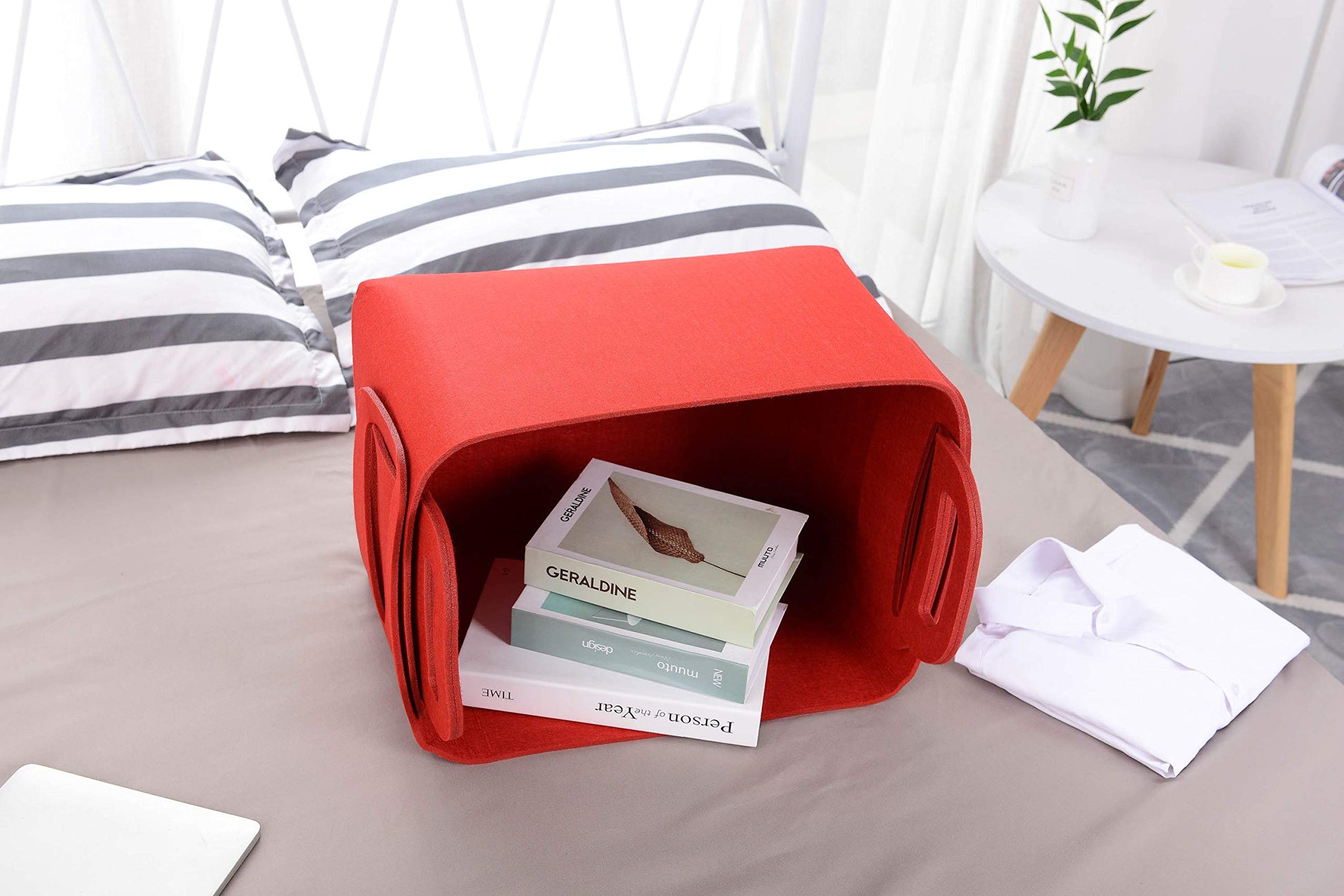 Minoisome - Cesta de almacenamiento de fieltro plegable y conveniente organizador de caja con asas de transporte para oficina, recámara, clóset, bebés, guardería, juguetes de lavandería (rojo, 18