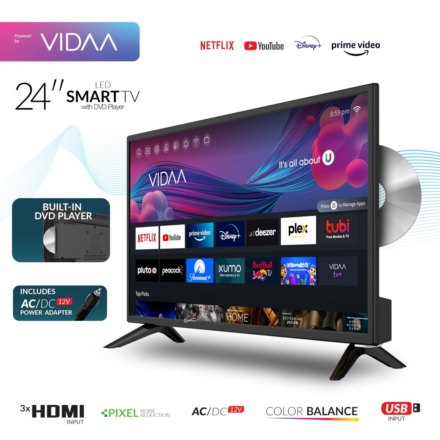 Televisor LED Smart VIDAA Supersonic 24 Pulgadas con Reproductor de DVD Incorporado