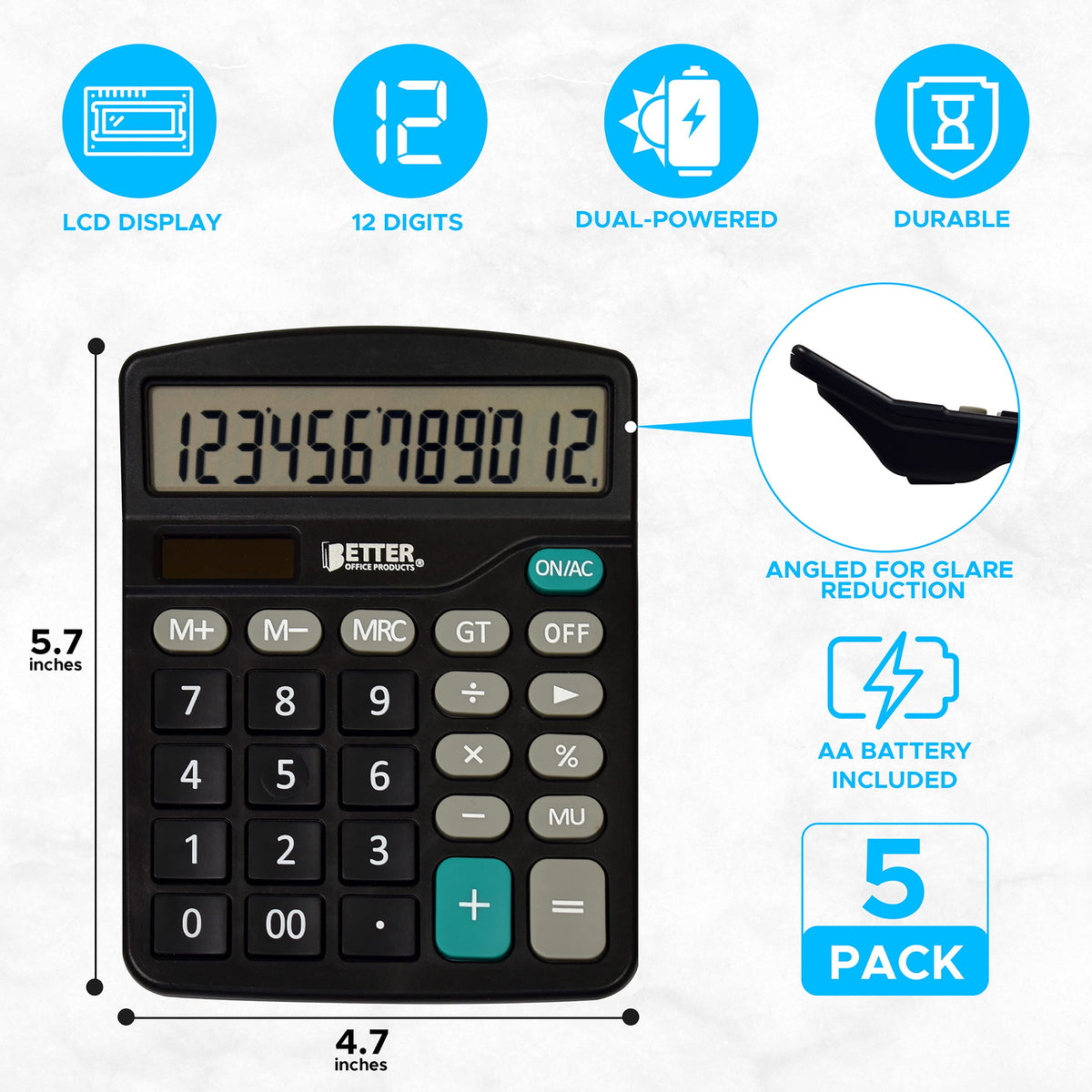 Calculadoras Grandes Better Office Products Negro Alimentación Dual con Pantalla LCD de 12 Dígitos Paquete de 5