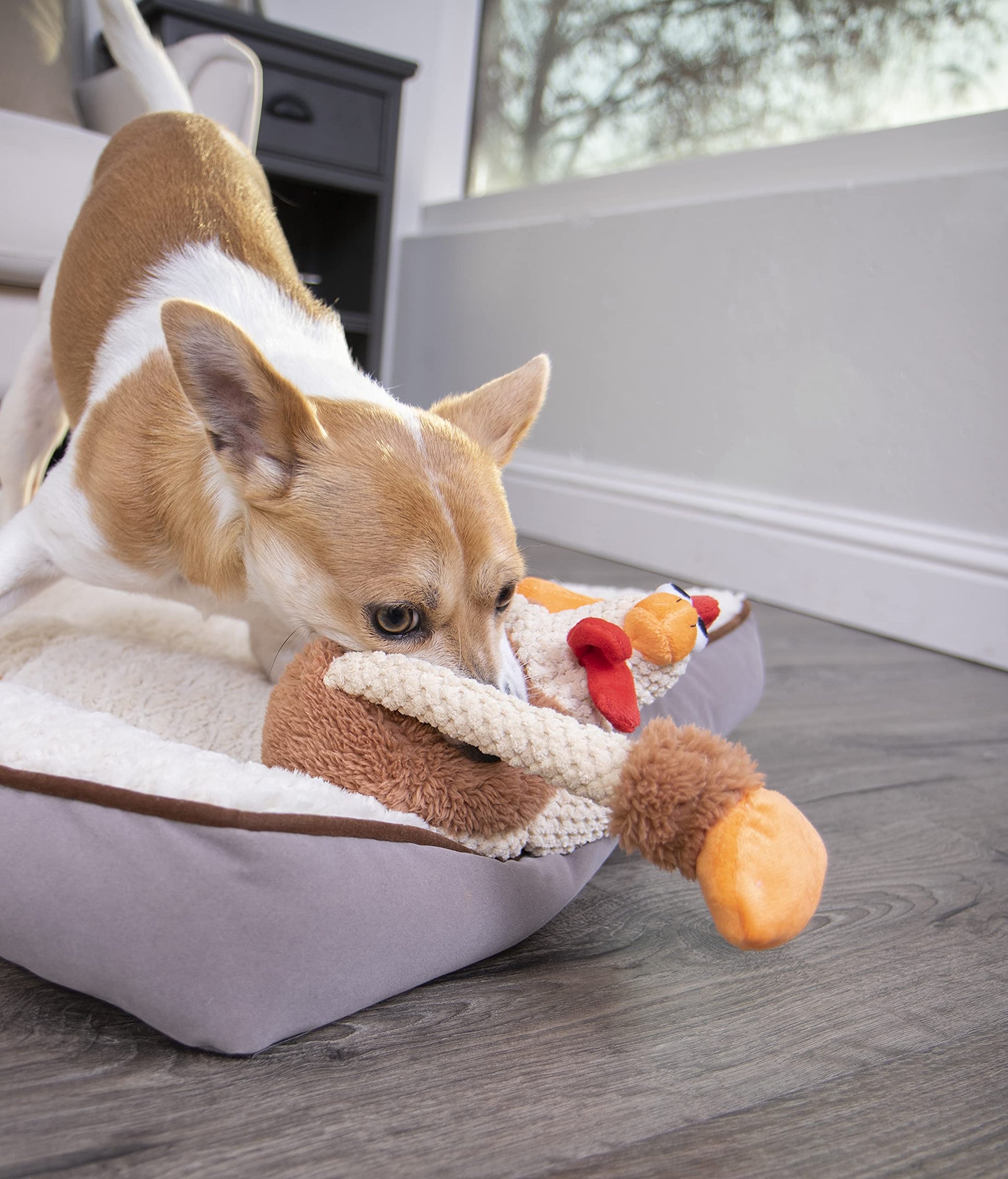goDog Checkers Skinny Rooster With Chew Guard Technology Tough Plush Dog Toy, Brown, Small