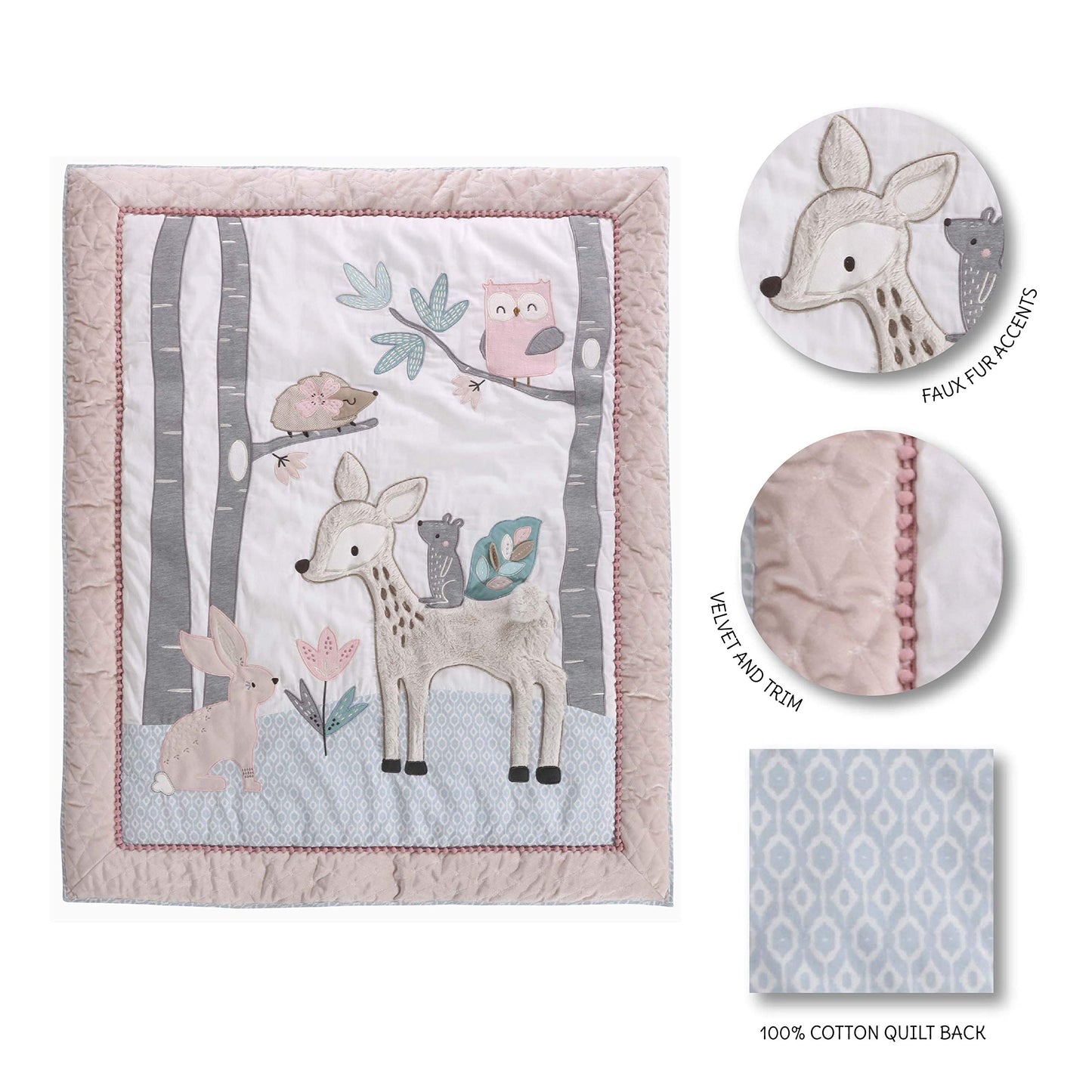Levtex Baby - Juego de cama Everly Crib - Juego de cama para bebé, color gris azulado y verde azulado, ciervos del bosque y amigos, juego de 5 piezas incluye colcha, sábana bajera, apilador de pañales