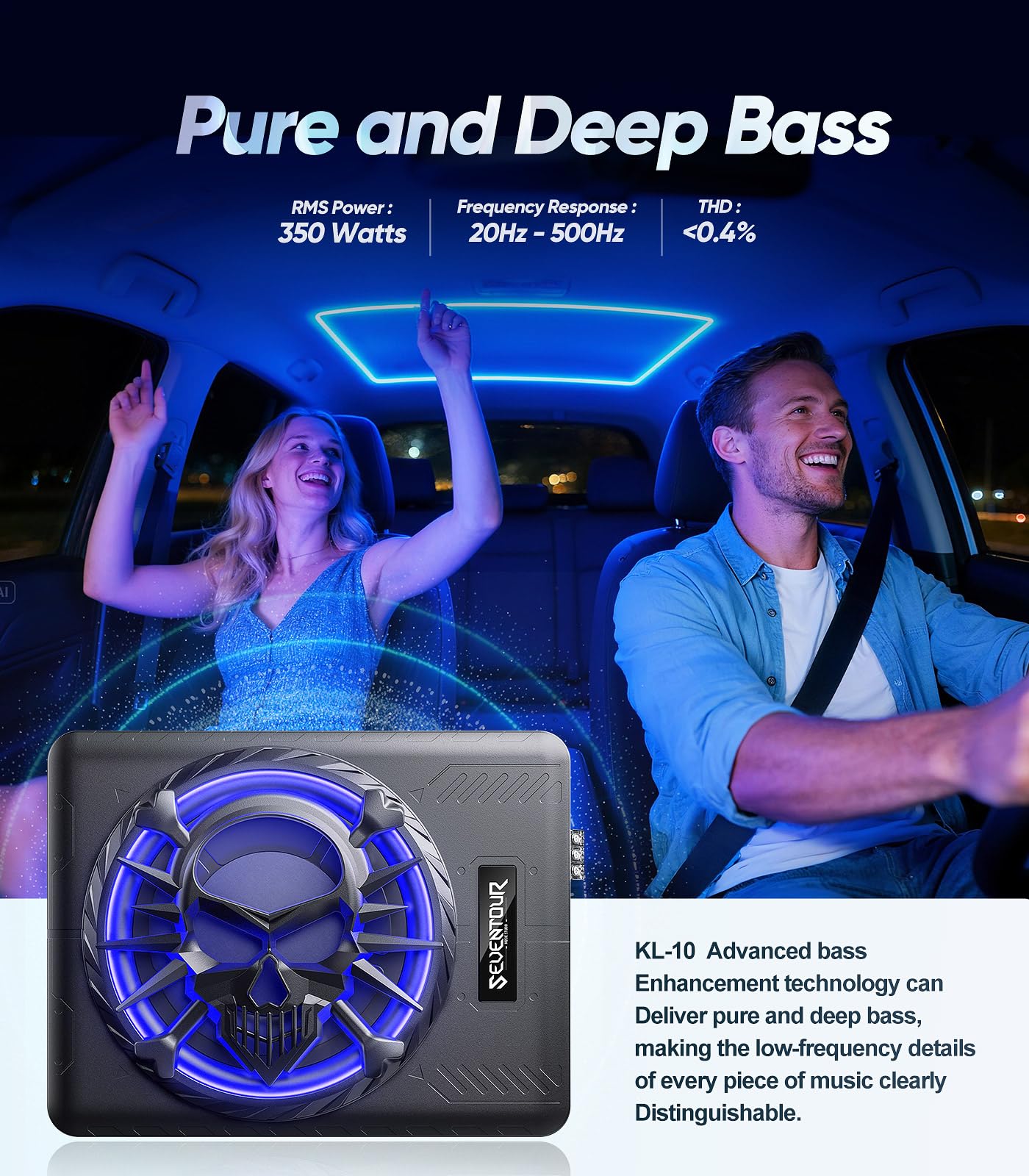 Subwoofer y amplificador de 10 pulgadas de 1200 W para debajo del asiento del coche, subwoofer con luz LED RGB