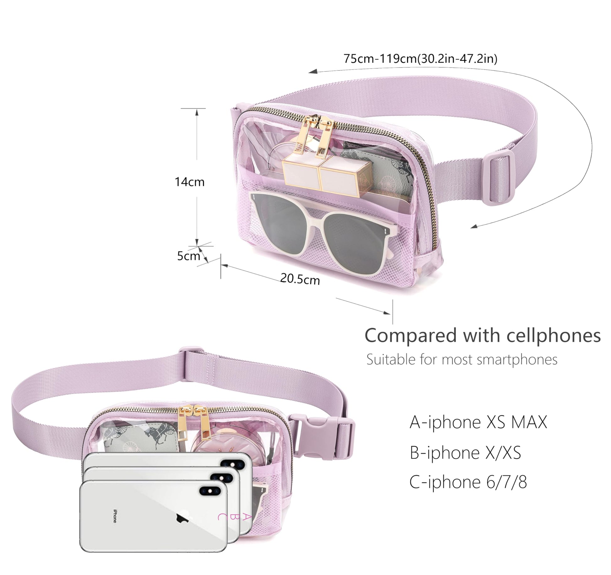Riñonera Transparente con Correa Ajustable Púrpura Claro Aprobada para Conciertos y Deportes para Mujer y Hombre