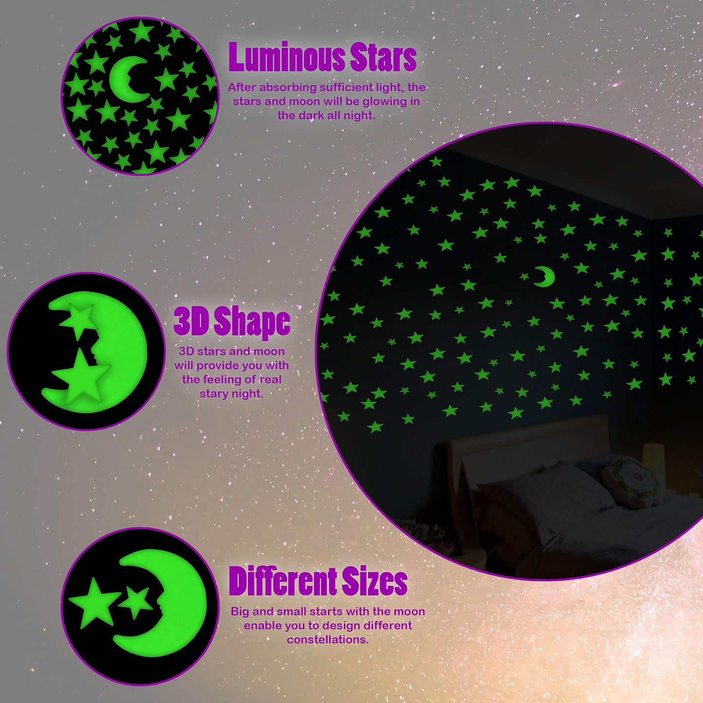 Juego de 201 pegatinas de luna grandes que brillan en la oscuridad con estrellas fluorescentes, luminosas de diferentes tamaños, decoración de techo para dormitorio de niños, fiesta de cumpleaños
