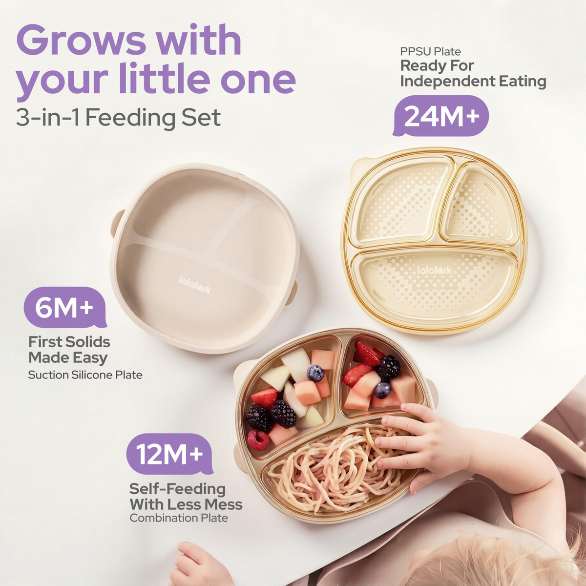 lalalark 3 en 1 - Platos de succión para bebés de grado biberón, platos divididos de silicona de diseño basado en escenarios para autoalimentación, sin BPA, resistentes al olor y a las manchas, aptos