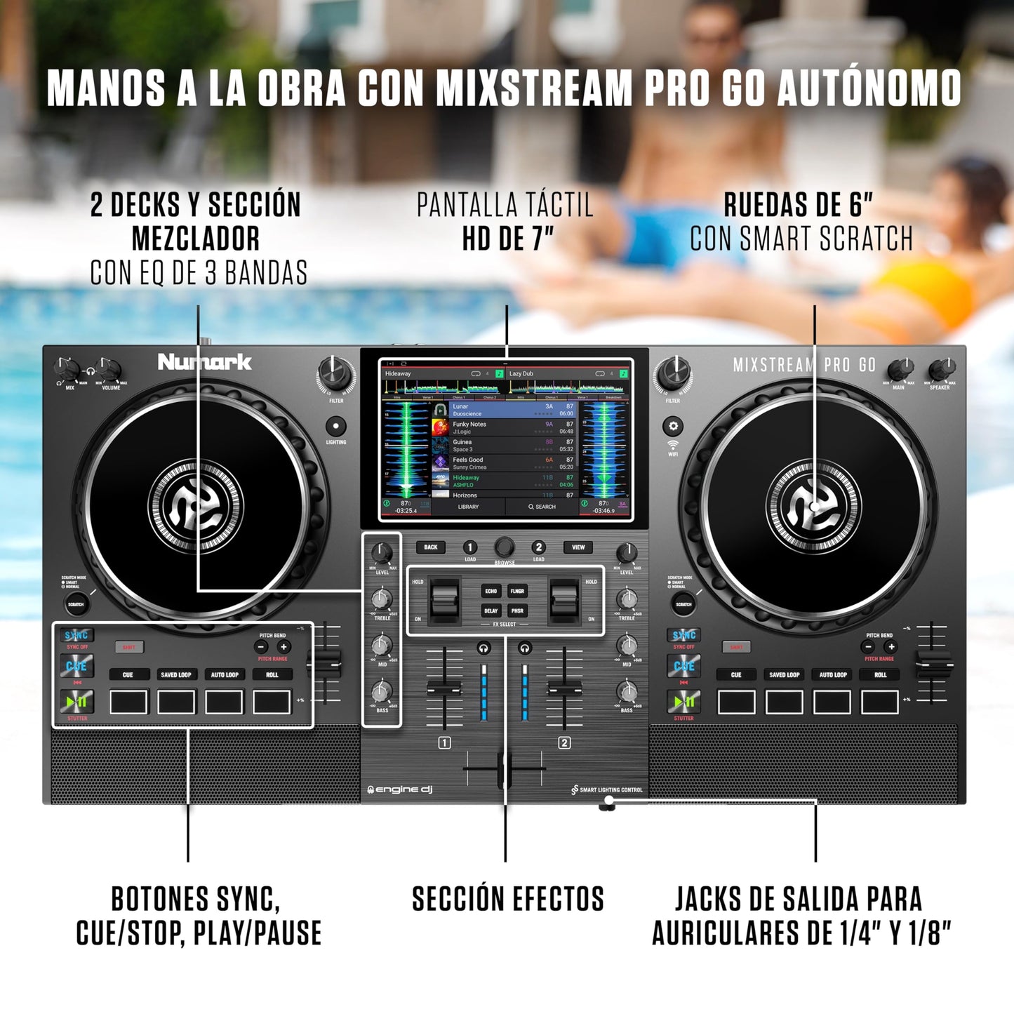 Controlador DJ Numark Mixstream Pro Go portátil con batería y pantalla táctil