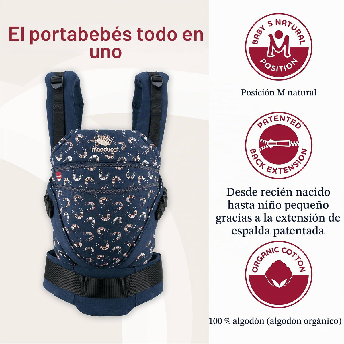 Manduca XT Rainbow Night Portabebé Ergonómico de Algodón Orgánico, Mochila Cangurera Multiposición (Frente, Cadera, Espalda), Ajustable para Recién Nacidos y Niños (3.5 a 20 kg), sin Insertos, XT LE