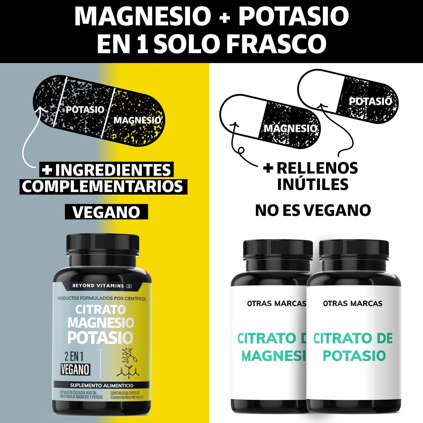 Citrato de Magnesio + Citrato de Potasio | 1334 mg de citrato de magnesio y citrato de potasio | Adicionados con Platano en Polvo, Curcuma y Arroz | Cápsulas sin rellenos | Vegano | Citrate Magnesium + Potassium Citrate-60 cápsulas