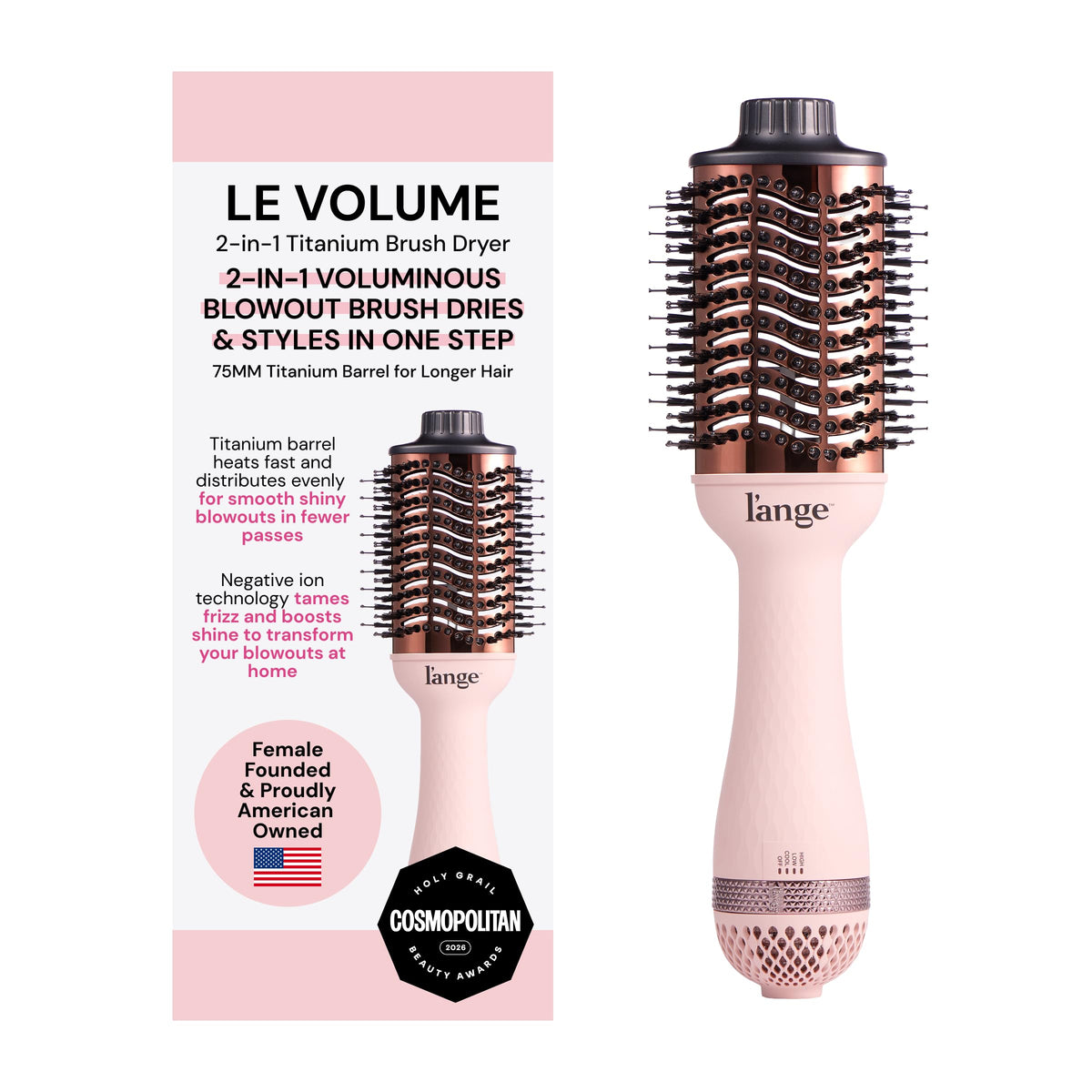 Cepillo Secador de Titanio L'ANGE HAIR Blush 2 en 1 para Cabello Suave y sin Frizz