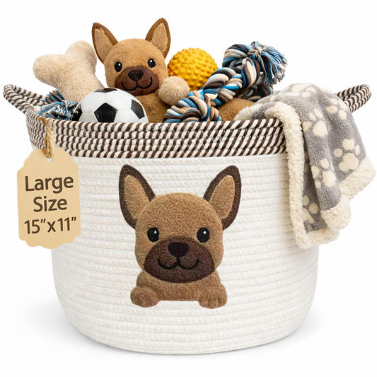 Cesta de juguetes para perros French Bulldog, Pug y Boston Terrier, cesta de almacenamiento tejida de cuerda de algodón de 15x11 pulgadas con parche de cachorro, organizador grande para mascotas para