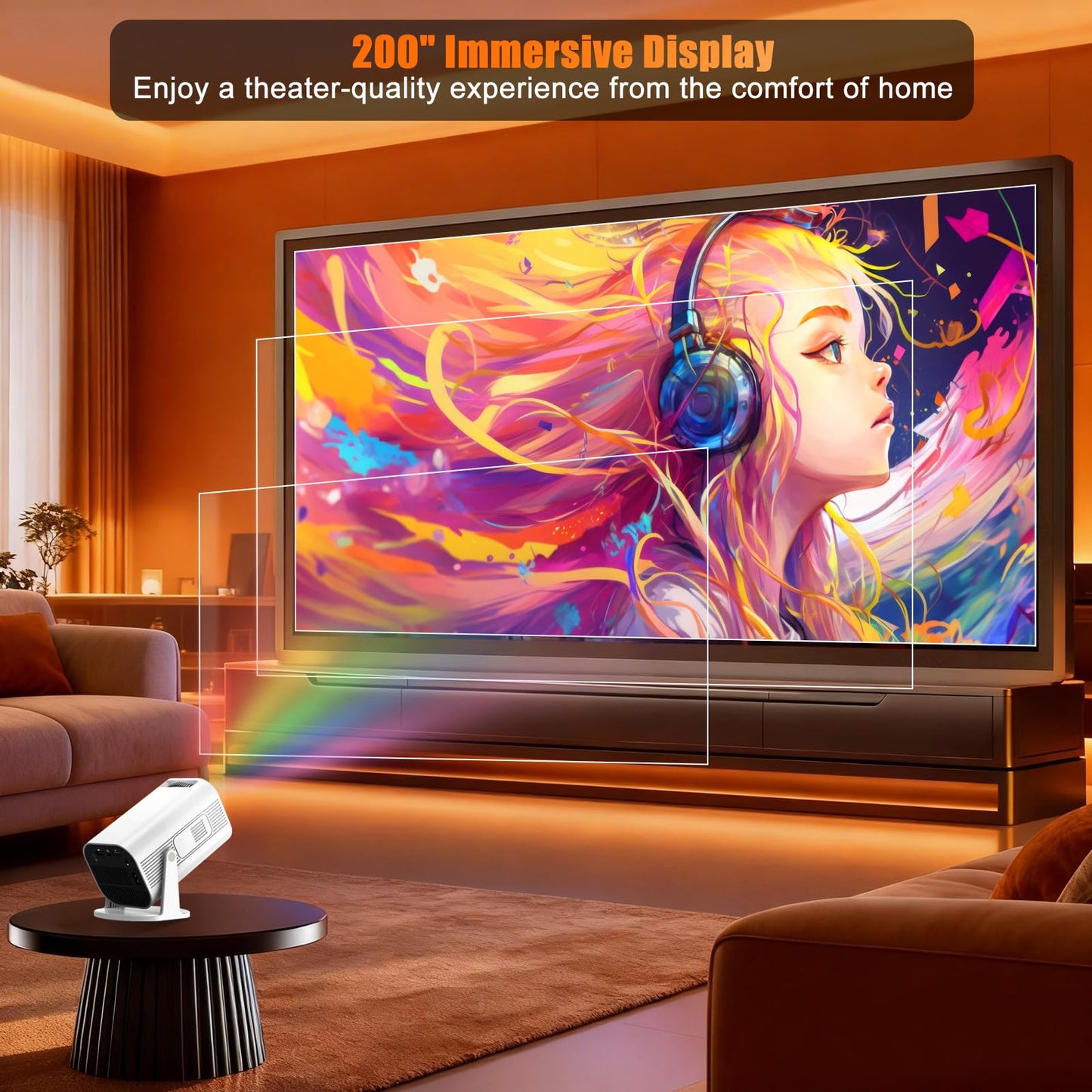 LJYT Mini proyector, 250 lúmenes ANSI, compatible con 4K, piedra clave automática, rotación de 210°, Bluetooth 5.4, WiFi 6, Android 11, 1080P portátil, compatible con smartphone/TV Stick/HDMI/USB/PS5.