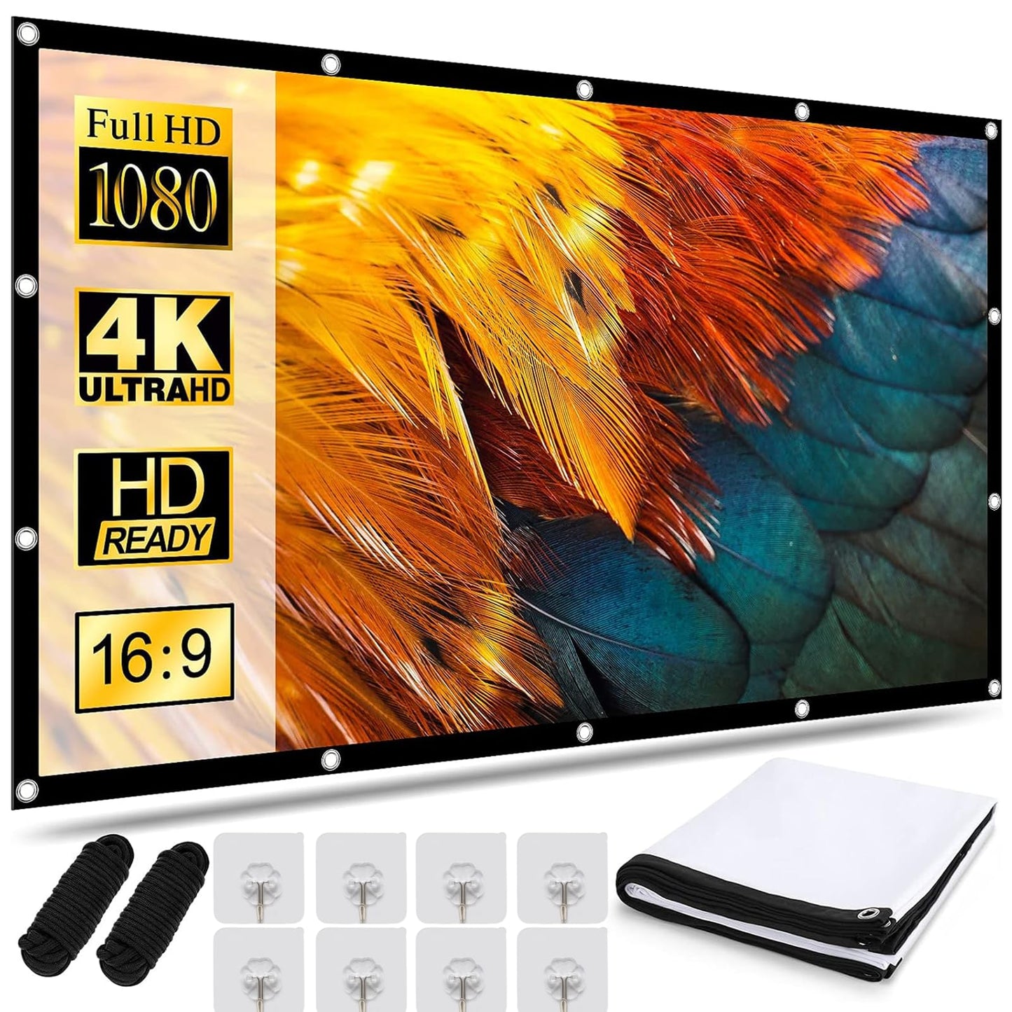 TPOUIDD Visualización de Proyector de 150 Pulgadas, 16:9 HD Pantalla de Proyector Portátil, Antiarrugas y Plegable，Adecuada para Exteriores, Interiores, Campamentos y Cine en Casa (150 Pulgadas)