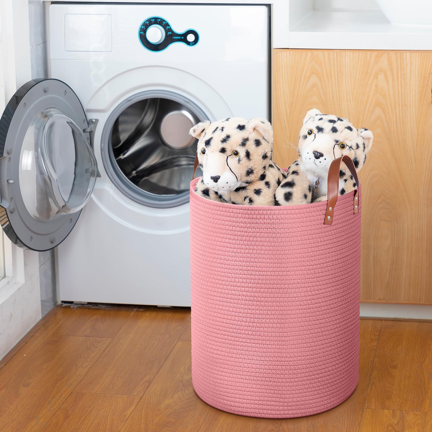 Wymulot - Cesta grande de cuerda de 80 l, cesta de almacenamiento de cuerda tejida con asas de piel, cesta de almacenamiento de juguetes para perros, recámara, almacenamiento de manta de guardería,