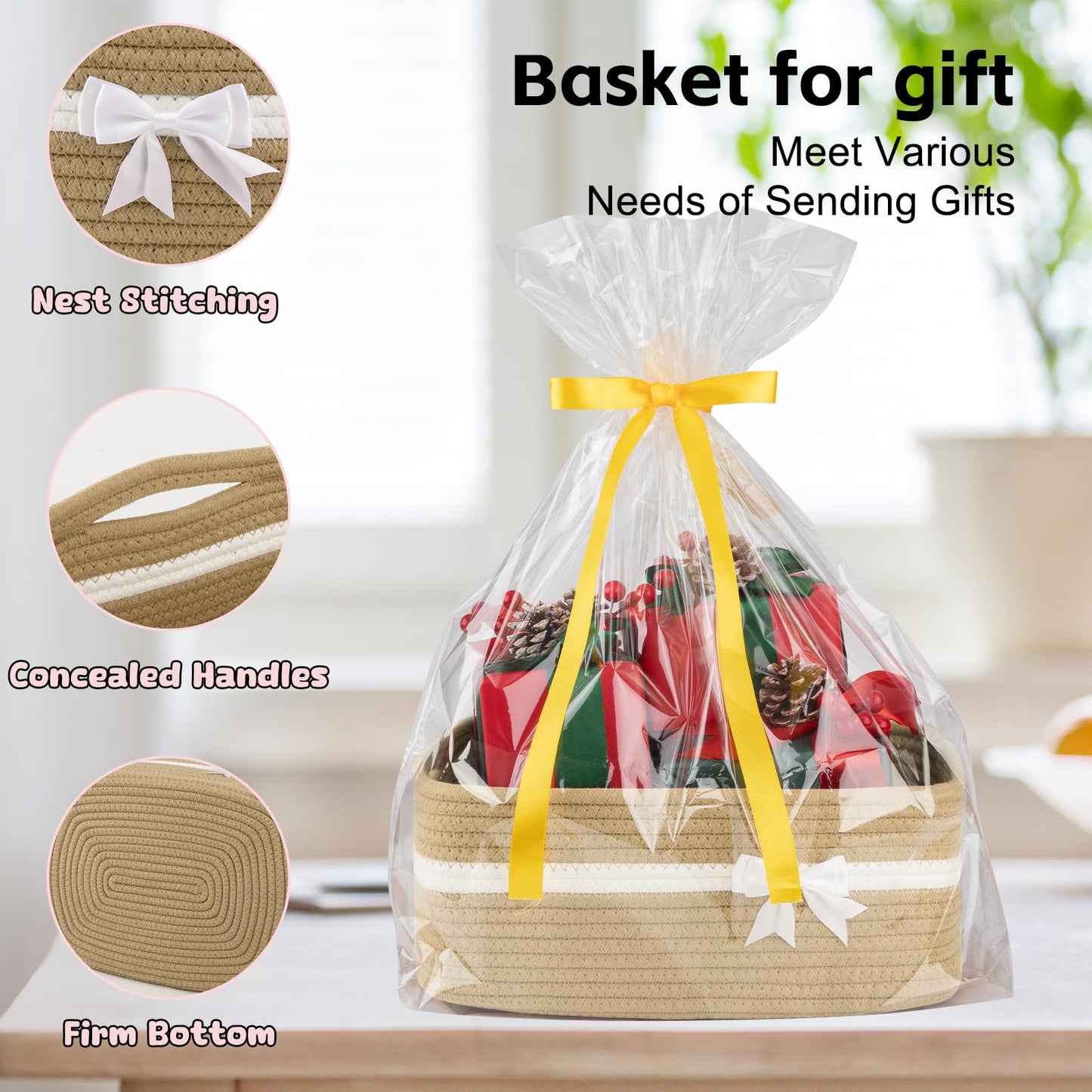 OIAHOMY - Cesta de almacenamiento tejida grande con asas para guardería, estantes de sala de estar, cesta de lazo para regalos vacía con bolsas de regalo y cintas para baby shower, contenedor de