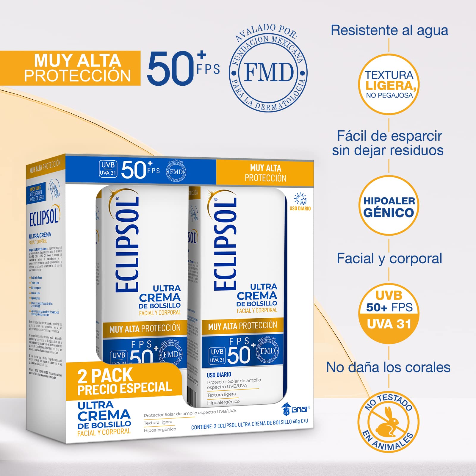 Crema Protector Solar Eclipsol FPS50+ Ultra Ligera Hipoalergénica Resistente al Agua para Toda la Familia
