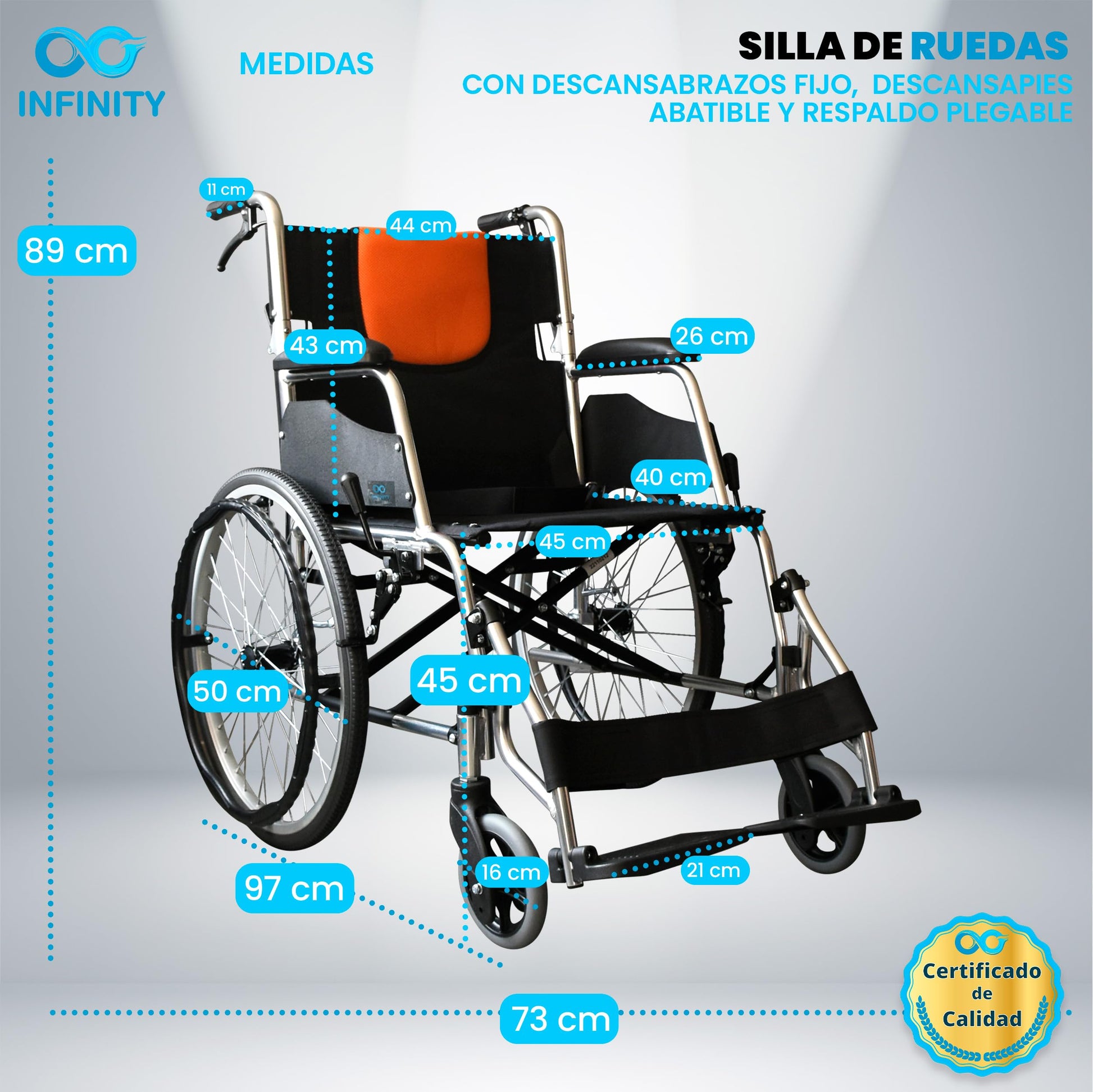 INFINITY | Silla de Ruedas Todo Terreno Ligera de Aluminio con Respaldo Plegable y Doble Sistema de Frenado (Negro-Naranja)