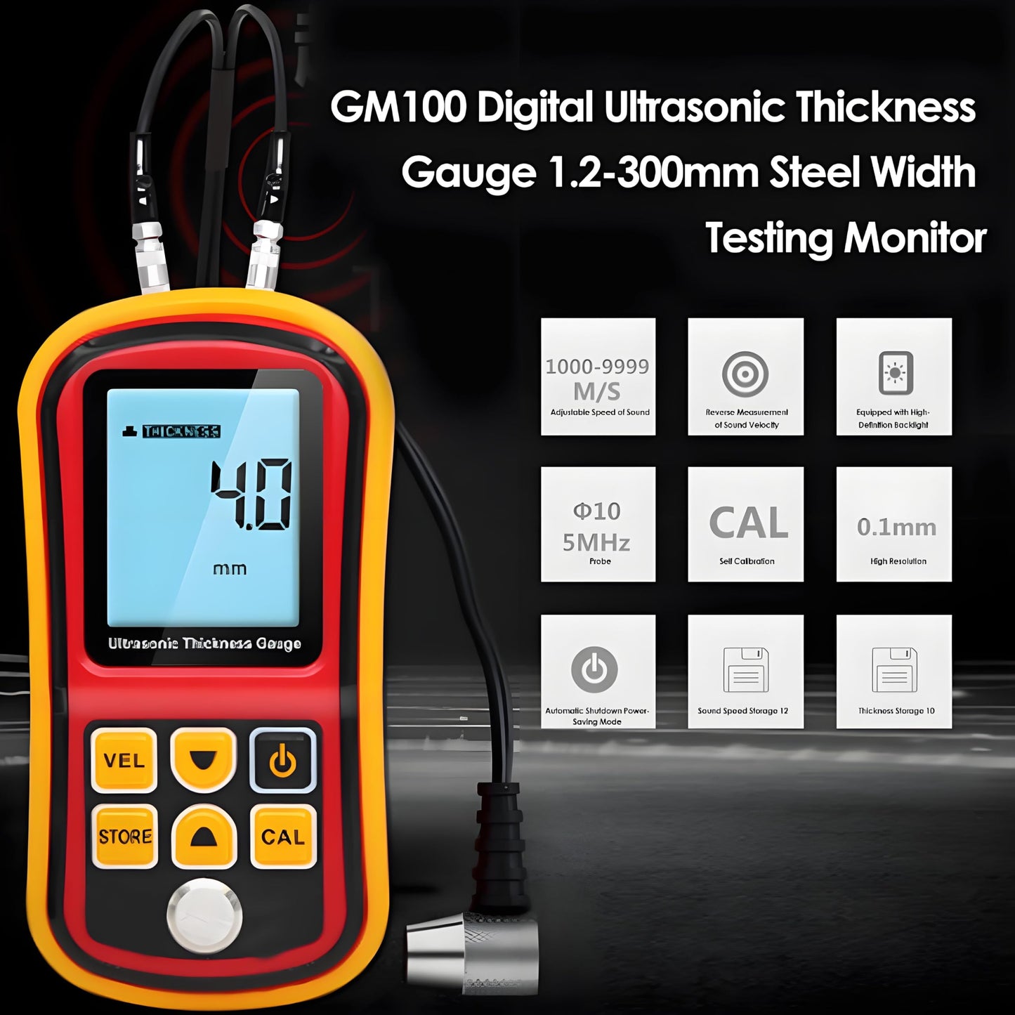 Medidor de Espesor Ultrasónico GM100 1.2~300mm Acero Medidor Ultrasónico Digital de Espesor de Revestimiento de Profundidad Medidor de Velocidad de Sonido Apagado Automático (Sin Batería)
