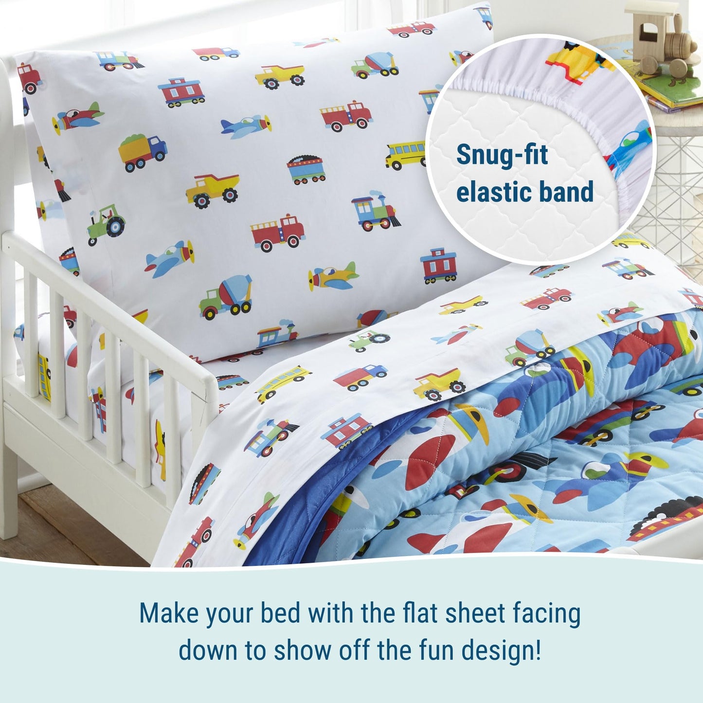 Wildkin Juego de cama de 4 piezas 100% algodón para niños y niñas, incluye edredón, sábana encimera, sábana bajera y funda de almohada, juego de cama para acurrucarse acogedores (trenes, aviones y camiones)