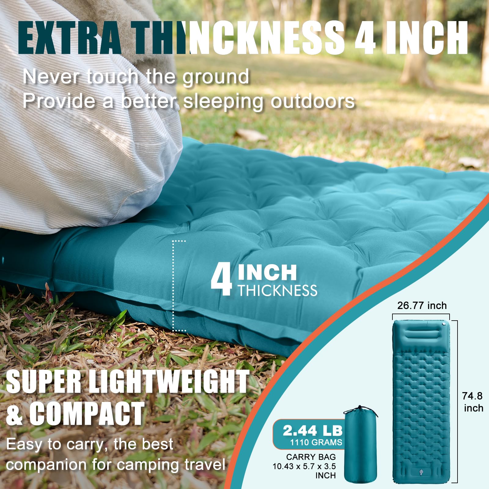 GDREAMT - Almohadilla de dormir inflable para acampar con almohada, grosor extra de 4 pulgadas con bomba integrada, colchón de aire compacto y ultraligero para mochileros, senderismo, tienda de