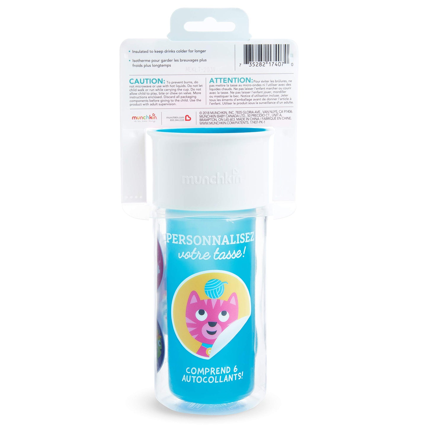 Munchkin Miracle 360 Taza con aislamiento térmico, incluye pegatinas para personalizar la taza, 10 oz, azul