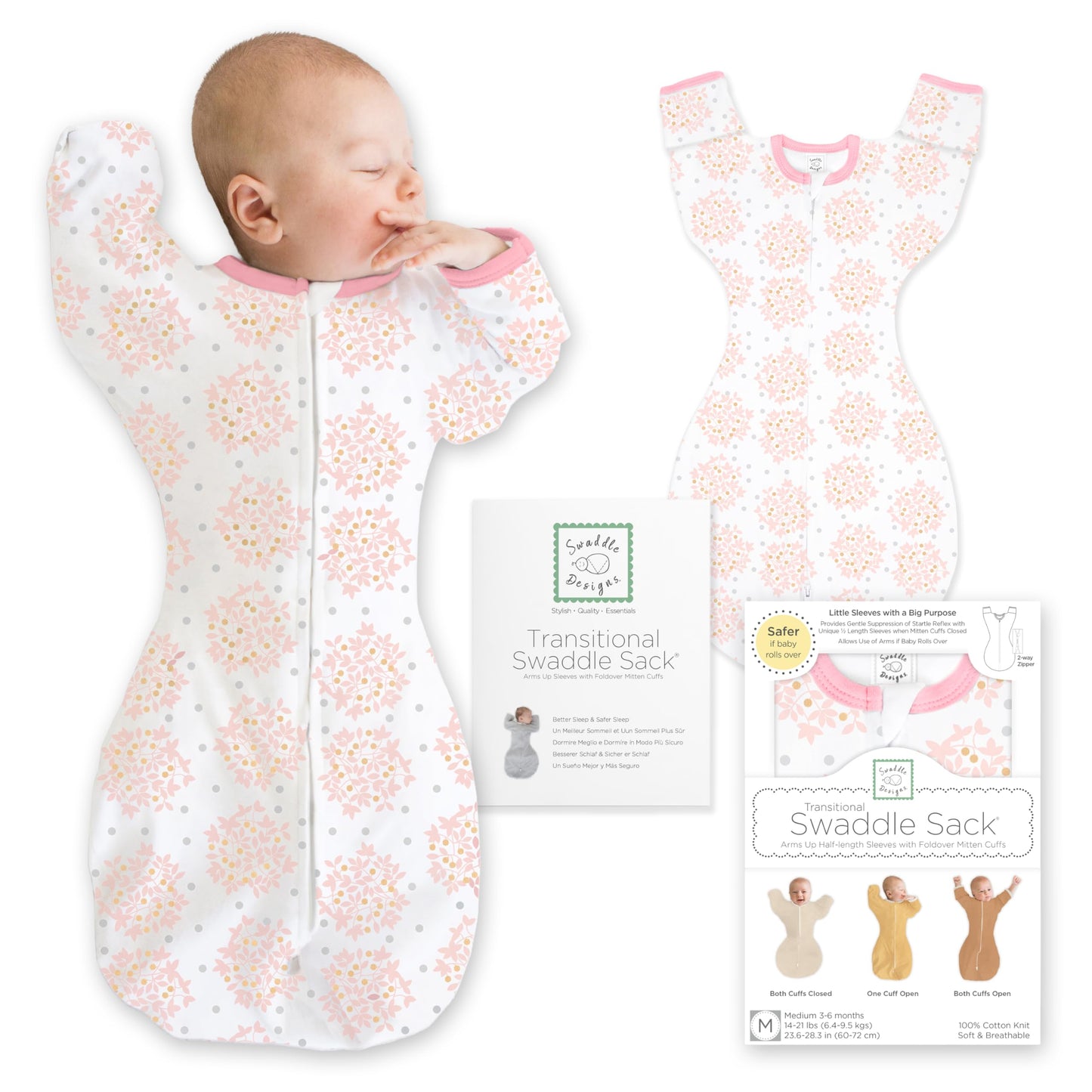 SwaddleDesigns - Saco de Envolver transicional, Mangas de Media Longitud y puños de manopla, para la transición del recién Nacido al Saco de Dormir del bebé, Manta portátil, 0-3 Meses, 6-14 Libras,