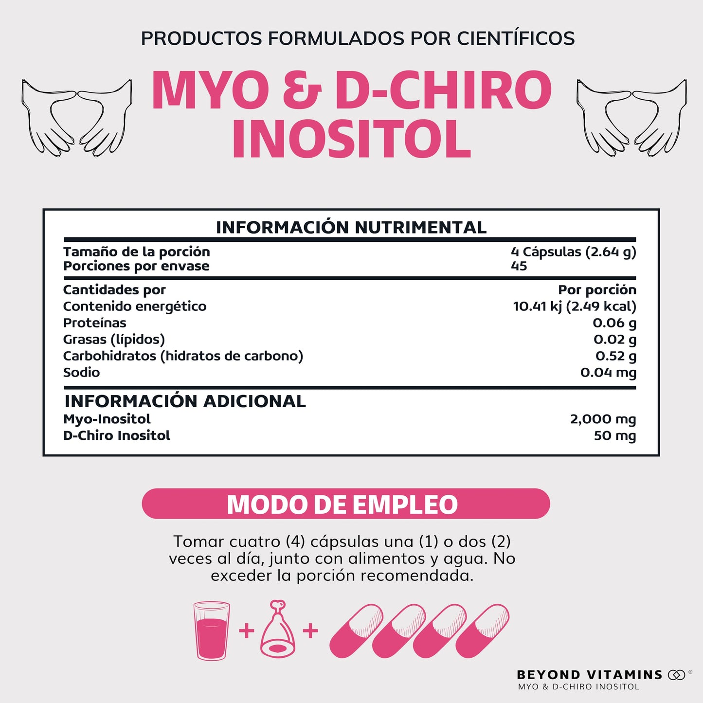 Inositol 40:1 | Myo y D-Chiro Inositol Puro | 180 cápsulas | Vitaminas para mujer | Suplemento Alimenticio Beyond Vitamins | Vegano | 180 caps