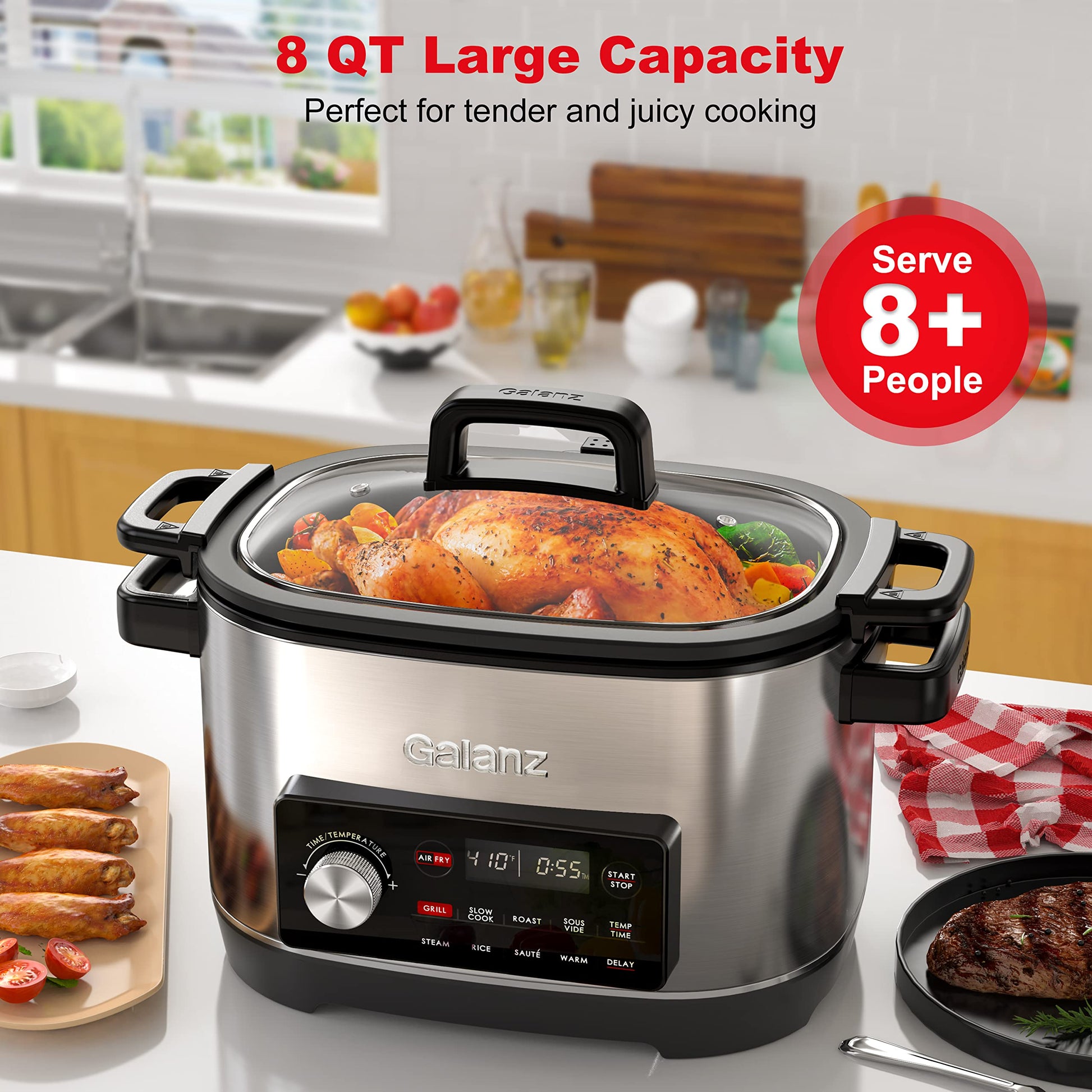 Galanz Cocina múltiple 8 en 1 con freír al aire, al aspiradora, arroz, saltear, cocción lenta, vapor, asado y parrilla, tazón extraíble de 8 cuartos de galón, 8 programas preestablecidos, acero inoxidable