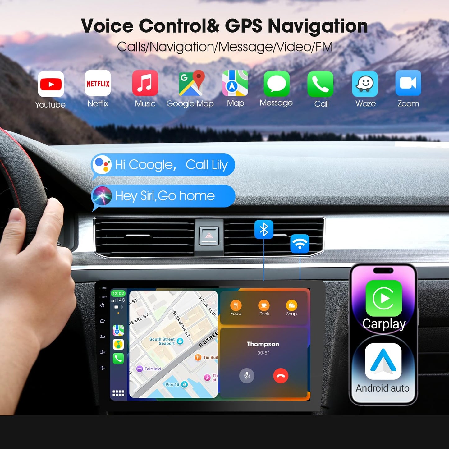 Carplay - visualización portátil para coche, coche de 9 pulgadas, inalámbrica CarPlay y Android Auto, cámara de respaldo, estéreo de coche doble din, navegación GPS, ZLink, receptores de audio