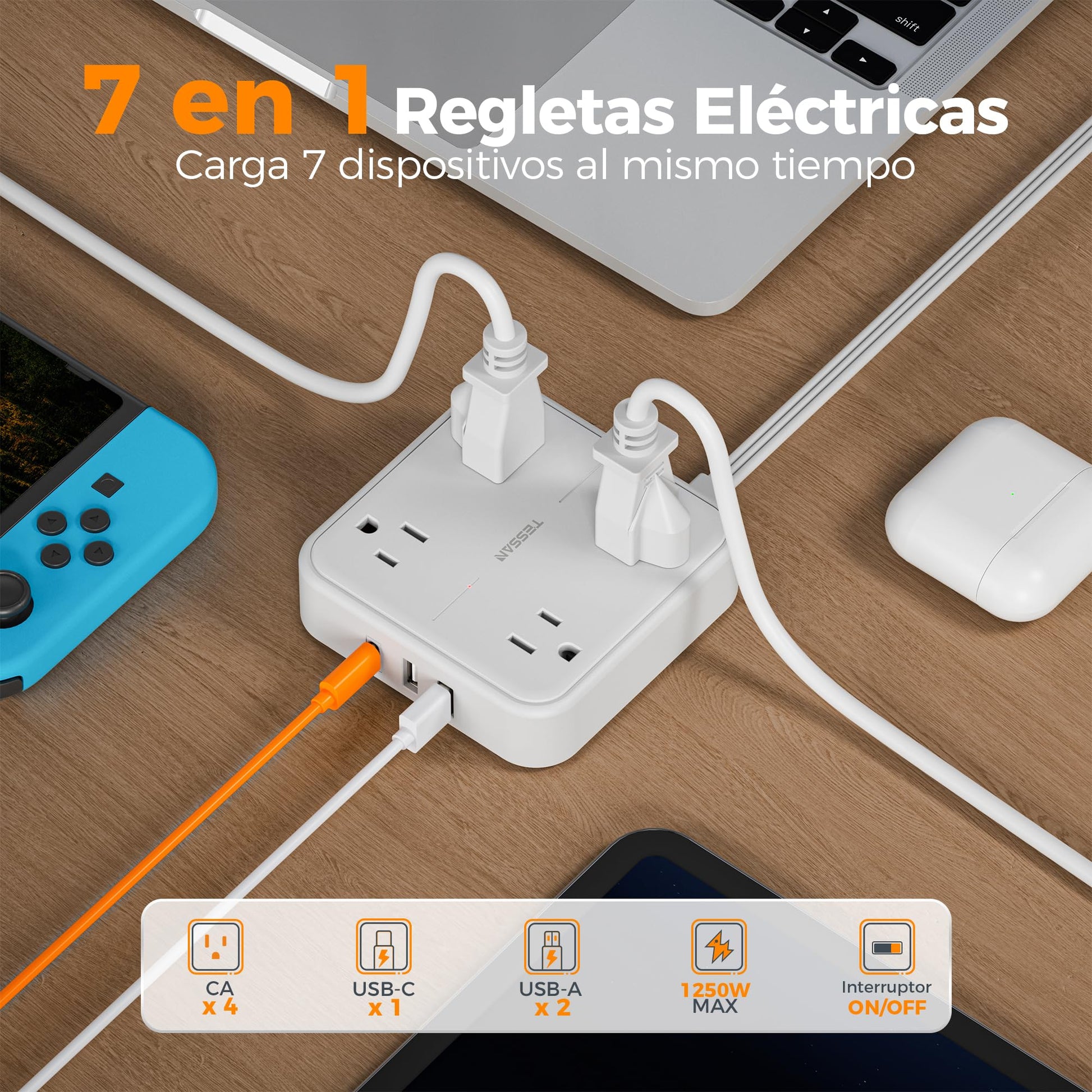 TESSAN Regleta Multicontacto con Protector de Sobretensión, 1.5M Plana Extension Electrica, Enchufe Plano Conector Multiple con 4 Salidas y 3 USB (1 USB C), Hogar Oficina Dorm, Puro Blanco