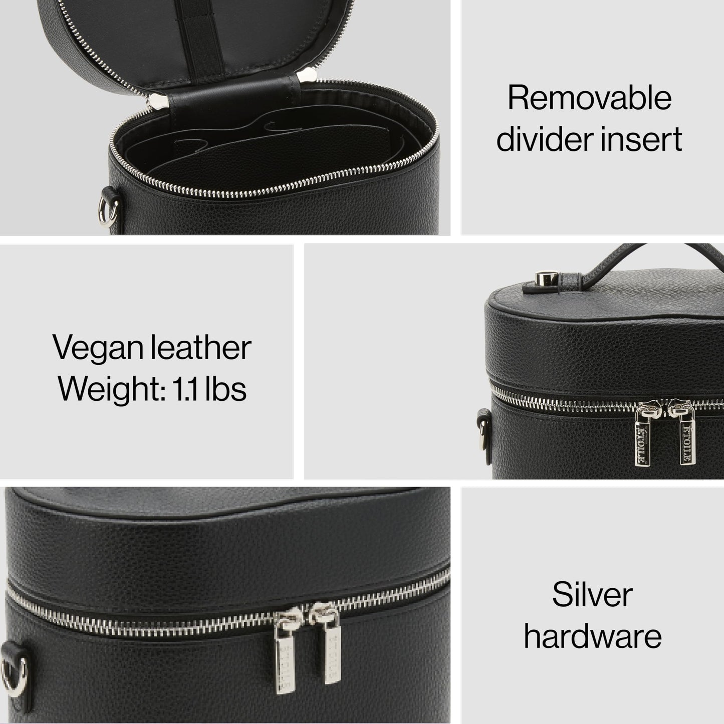 ETOILE - Estuche de aseo ovalado, organizador de bolsa de maquillaje de viaje con correa para el hombro y divisor extraíble, Negro -, Mini estuche de viaje cosmético