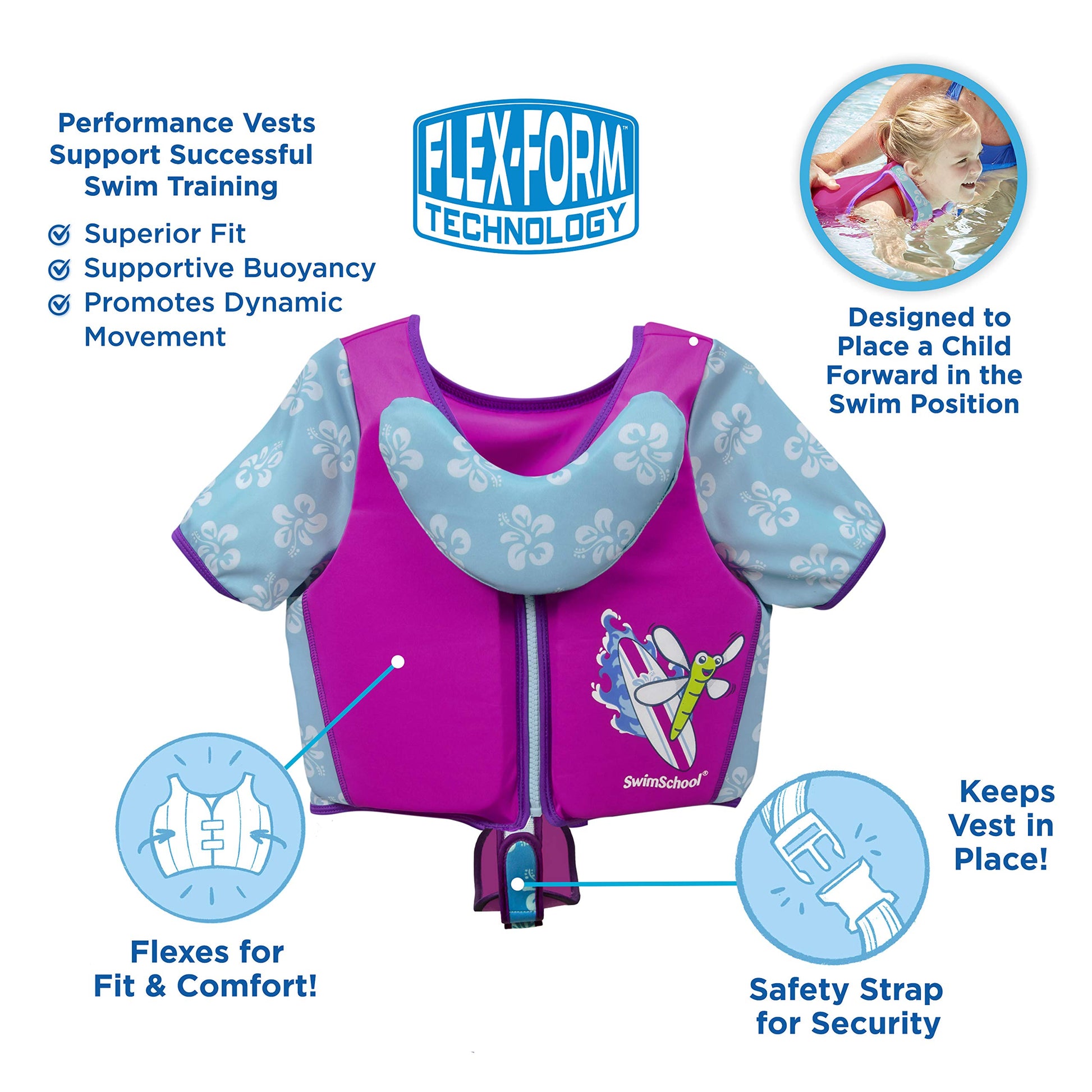 Chaleco de Natación Swimschool Rosa y Aguamarina con Mangas y Correa Ajustable