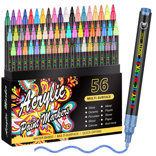 Juego de Rotuladores Acrílicos Swiftbuyo 56 Colores Punta Extra Fina 0,7 Mm para Pintar Rocas Madera Metal Lienzo Cerámica Piedras Manualidades para Adultos y Niños