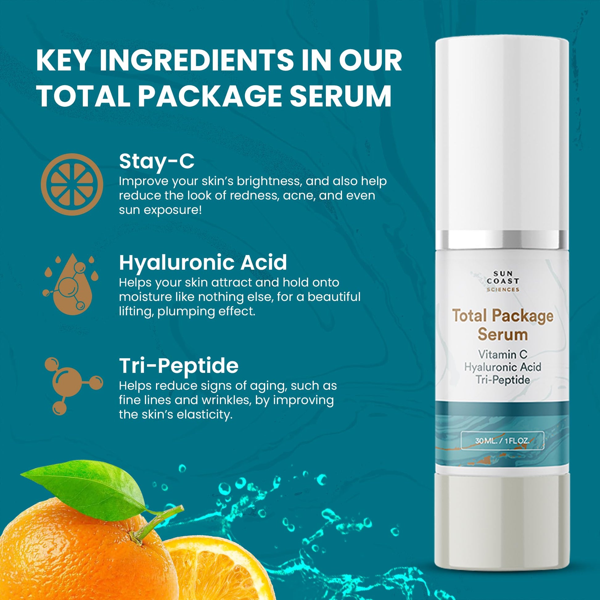 SUN COAST SCIENCES Sun Coast Sciences - Suero facial con paquete completo, todo en uno, con vitamina C, ácido hialurónico y péptidos, súper suero facial antienvejecimiento para arrugas, iluminador y