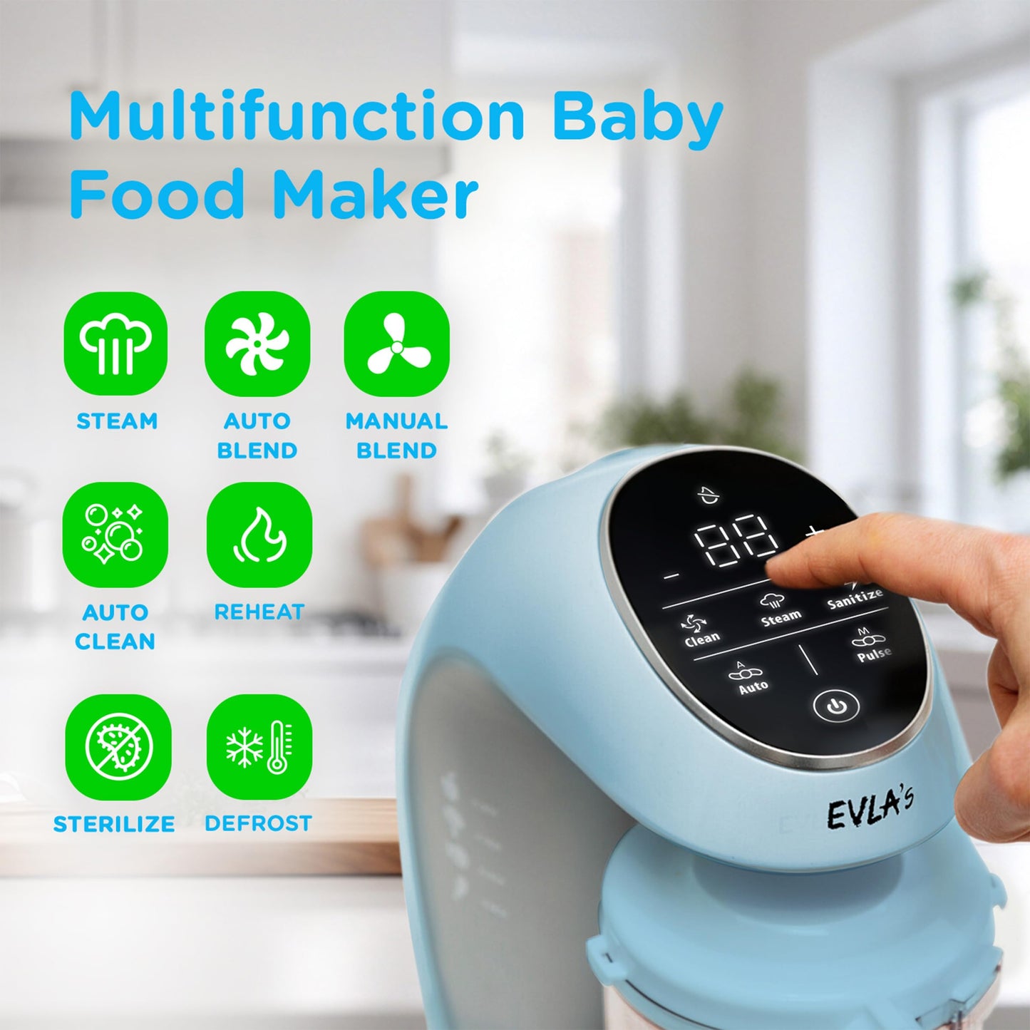 EVLA'S - Máquina para hacer alimentos para bebés, vaporizador, licuadora, procesador de alimentos para bebés para alimentos saludables caseros en minutos, visualización táctil con 6 bolsas de