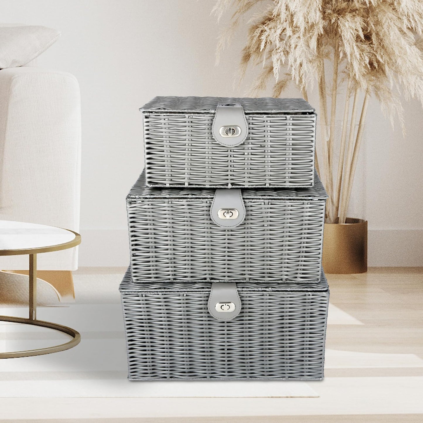 Honygebia - Cestas de almacenamiento de mimbre gris – Juego de 3 cajas decorativas con tapas, cesta tejida con cerradura y asa, organizador para maquillaje de belleza decoración de baño